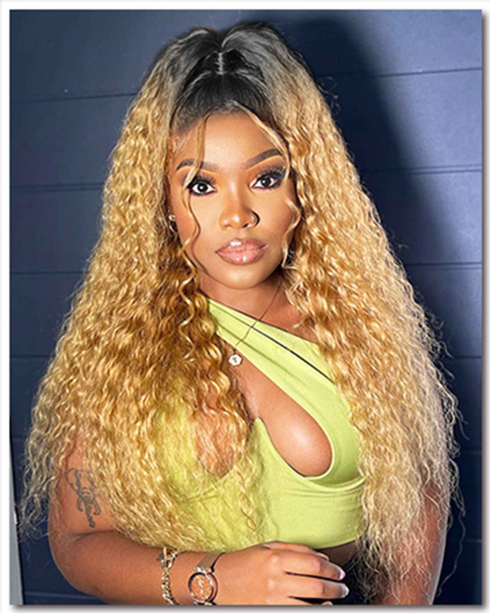 Luxvogue Curly Human Hair Wig Omber T 27 Lace Frontal Closure Deep Curly Human Hair Wig Pre Plucked Pre Cut Lace Frontal Closure Glueless Wigs Elastic Band 200% Density