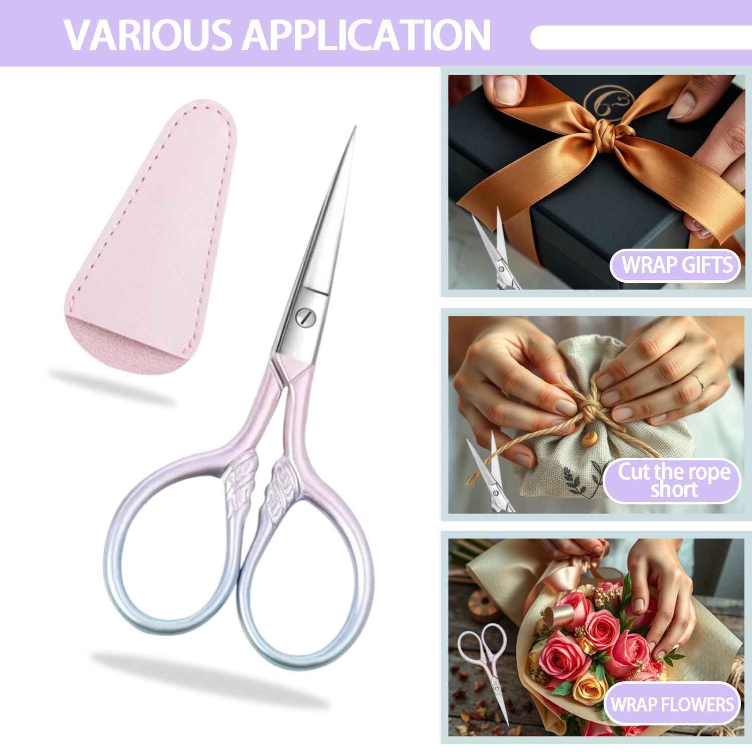 2 Pcs Eyebrow Scissors for Women Men, 3.5 Inch Professional Beauty Mini Scissors, Suitable for Facial Hair, Eyebrows, Beards, Ears, Nose and Beards, Stainless, Steel Straight Head(Pink and Silver)