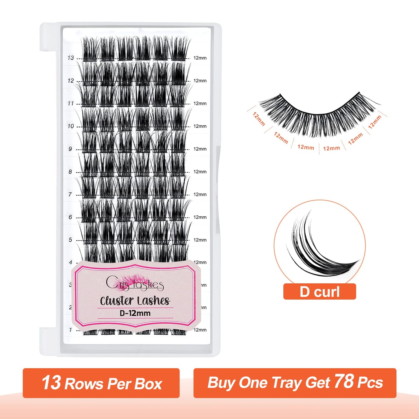 Cluster Lashes, Crislashes DIY Eyelash Extension 13 Rows, D Curl 12mm Individual Cluster Eyelashes Natural Look, 78 pcs Reusable Cluster Eyelash Extensions at Home (F04-D Curl 12mm)