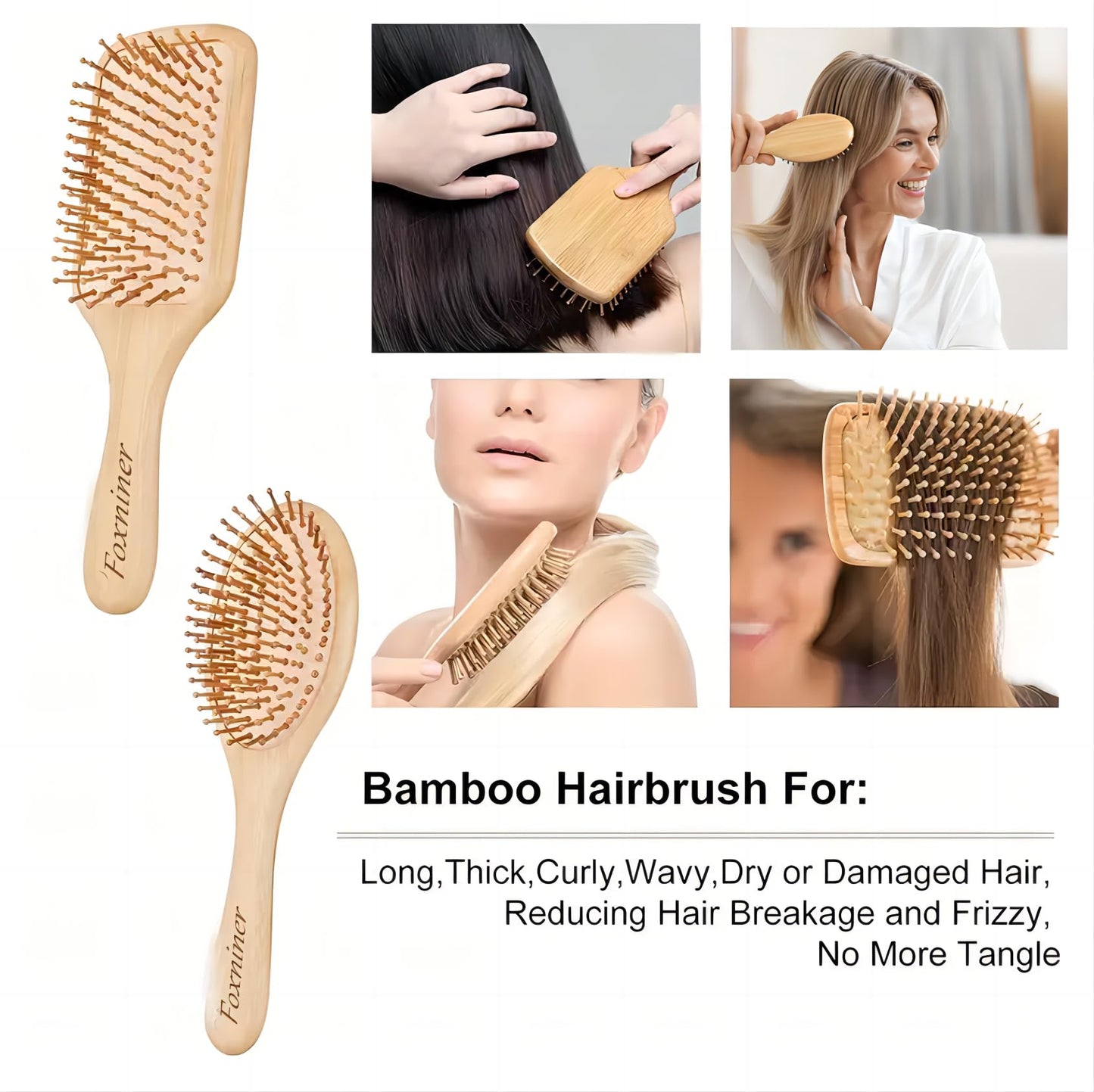 Foxniner Bamboo brush,bamboo hair brush,wooden hair brush,Eco Friendly Paddle Hairbrush for Women Men and Kids Make Thin Long Curly Hair Health and Massage Scalp· (-Bamboo Hair Brush Set+1xcomb)