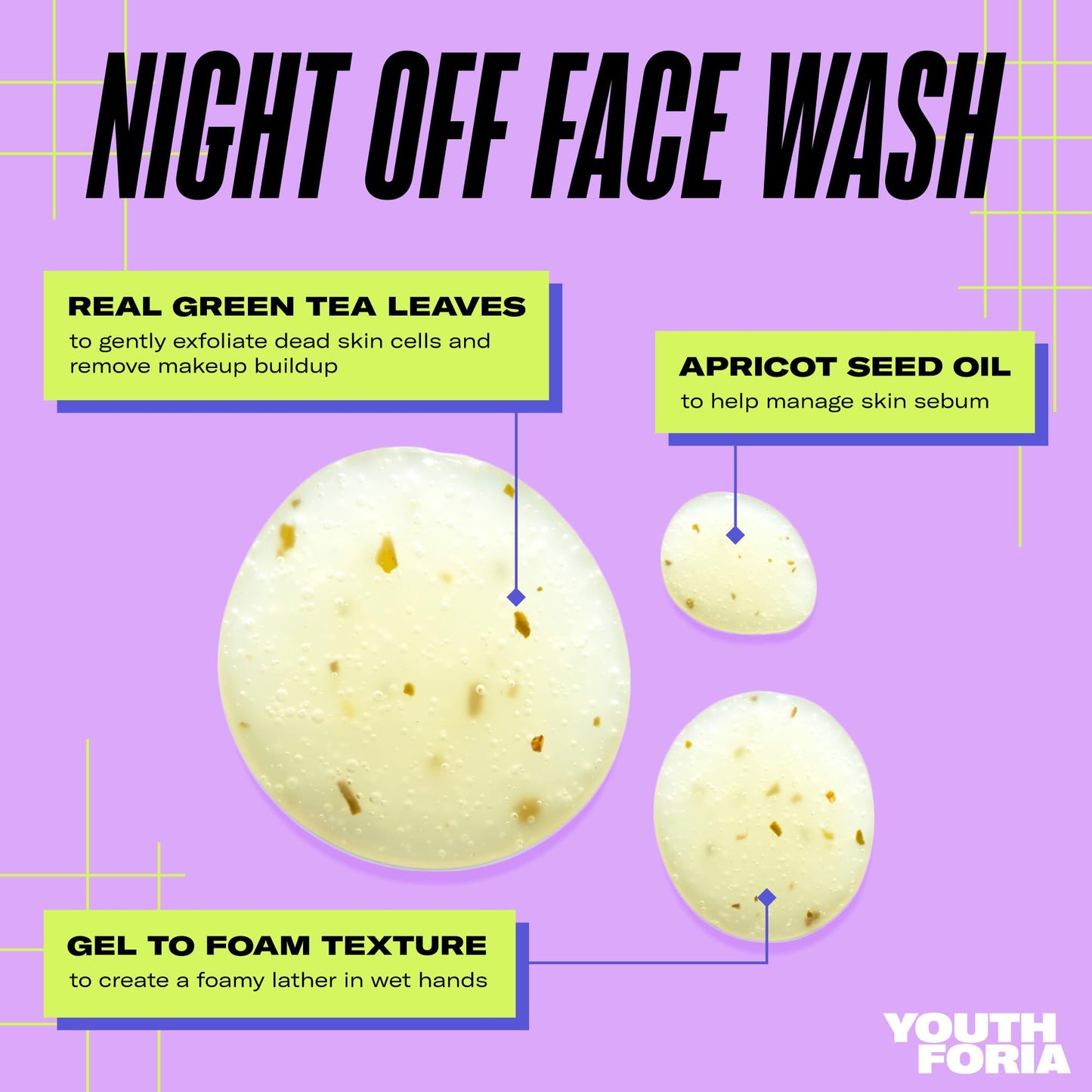 Youthforia Night Off Face Wash, Gentle Cleanser for Soft, Clear Skin, Green Tea Leaves Exfoliate for Effective Makeup Removal, Vegan & Cruelty-Free