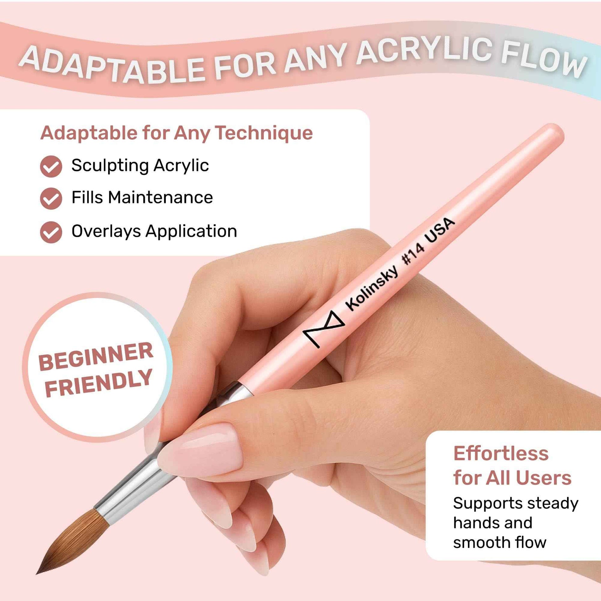 M – Majesti Pink 100% Kolinsky Acrylic Nail Brush | Professional Acrylic Sculpting & Application Brush | Handcrafted Premium Nail Art Tool for Nail Technicians (#14)