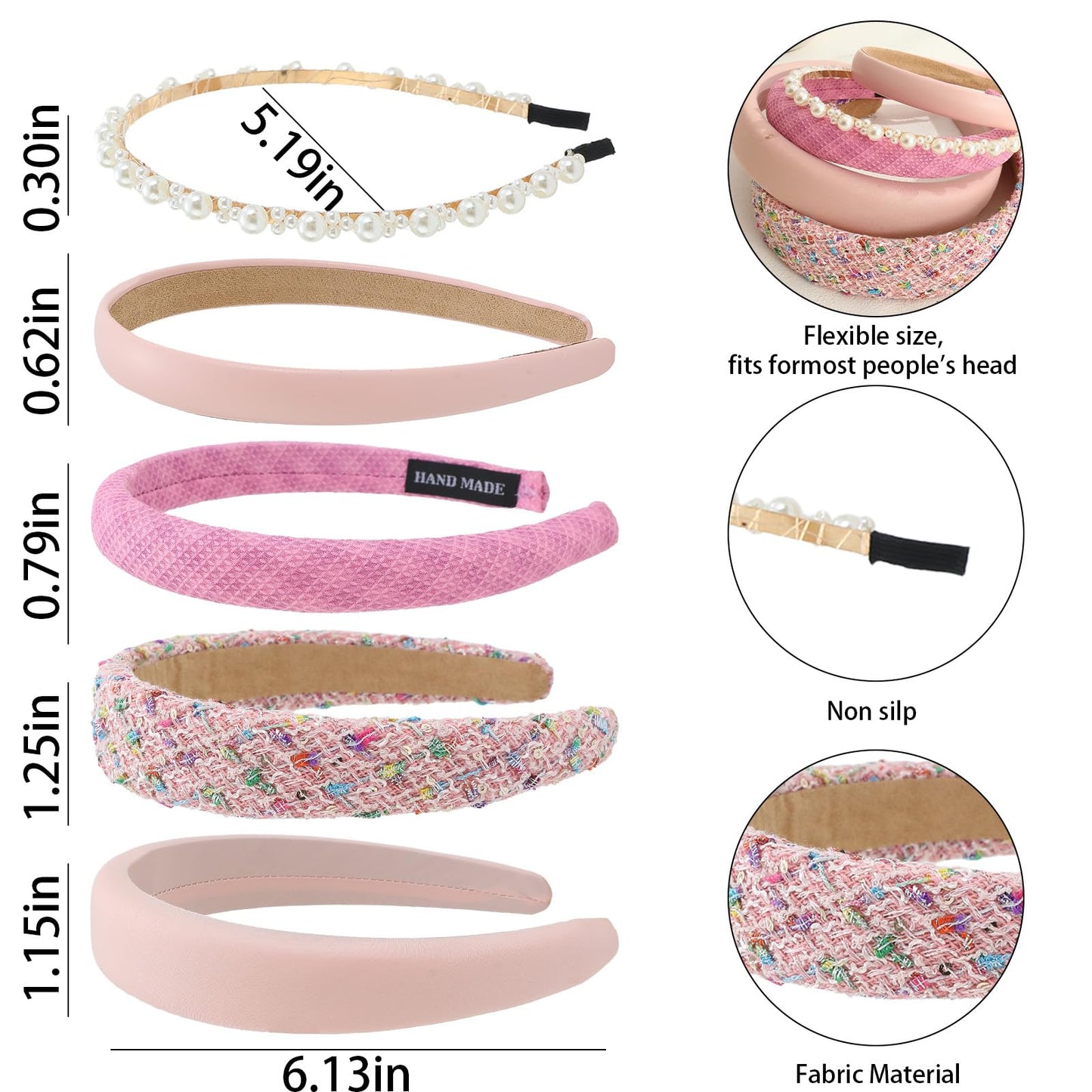 AUDTOPE 5Pcs Headbands for Women Girls, Cute Pearl Headband Padded Headbands for Women's Hair Nonslip Wide Hair Band Hoops Fashion Hair Accessories for Women Birthday Gifts (Pink)