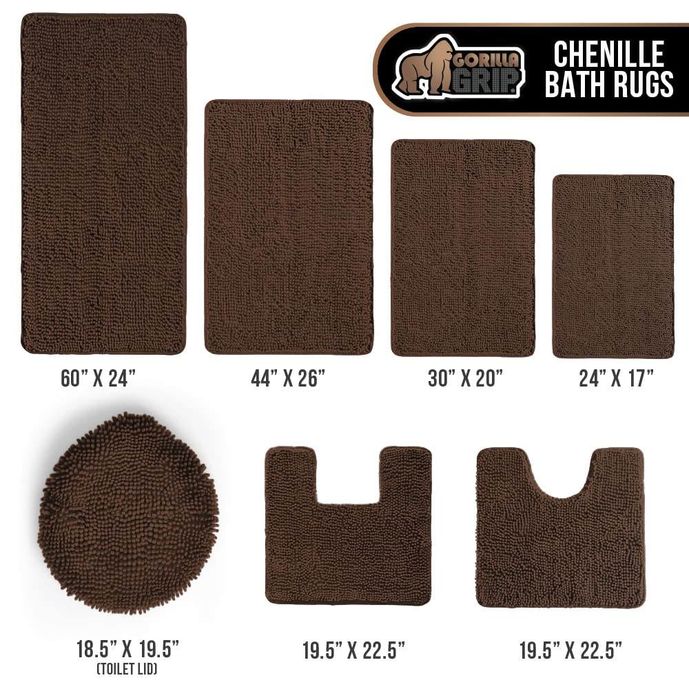 Gorilla Grip Plush Absorbent Shaggy Chenille Bath Rug Mat for Toilet Base with Rubber Backing, Machine Washable, Microfiber Bathroom Contour Mats for Toilets, Bath Room Decor, Square, 22.5x19.5, Brown