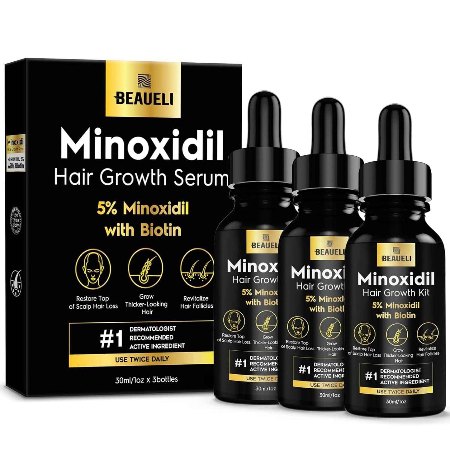 5% Minoxidil Hair Growth for Men and Women: Extra Strength Minoxidil Regrowth Treatment Serum for Thinning Hair Loss to Grow Thicker Fuller Faster 30ml 3Bottles
