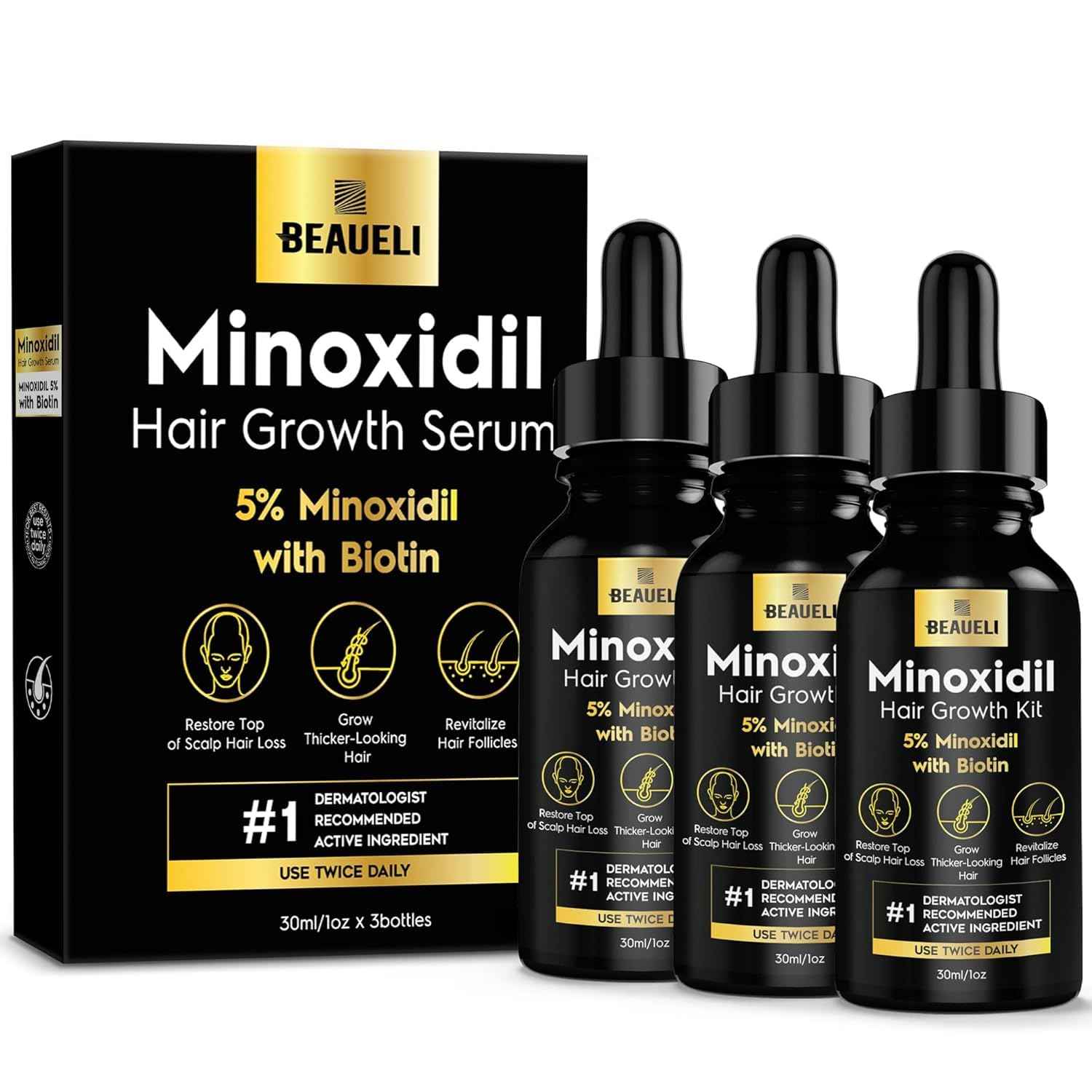 5% Minoxidil Hair Growth for Men and Women: Extra Strength Minoxidil Regrowth Treatment Serum for Thinning Hair Loss to Grow Thicker Fuller Faster 30ml 3Bottles
