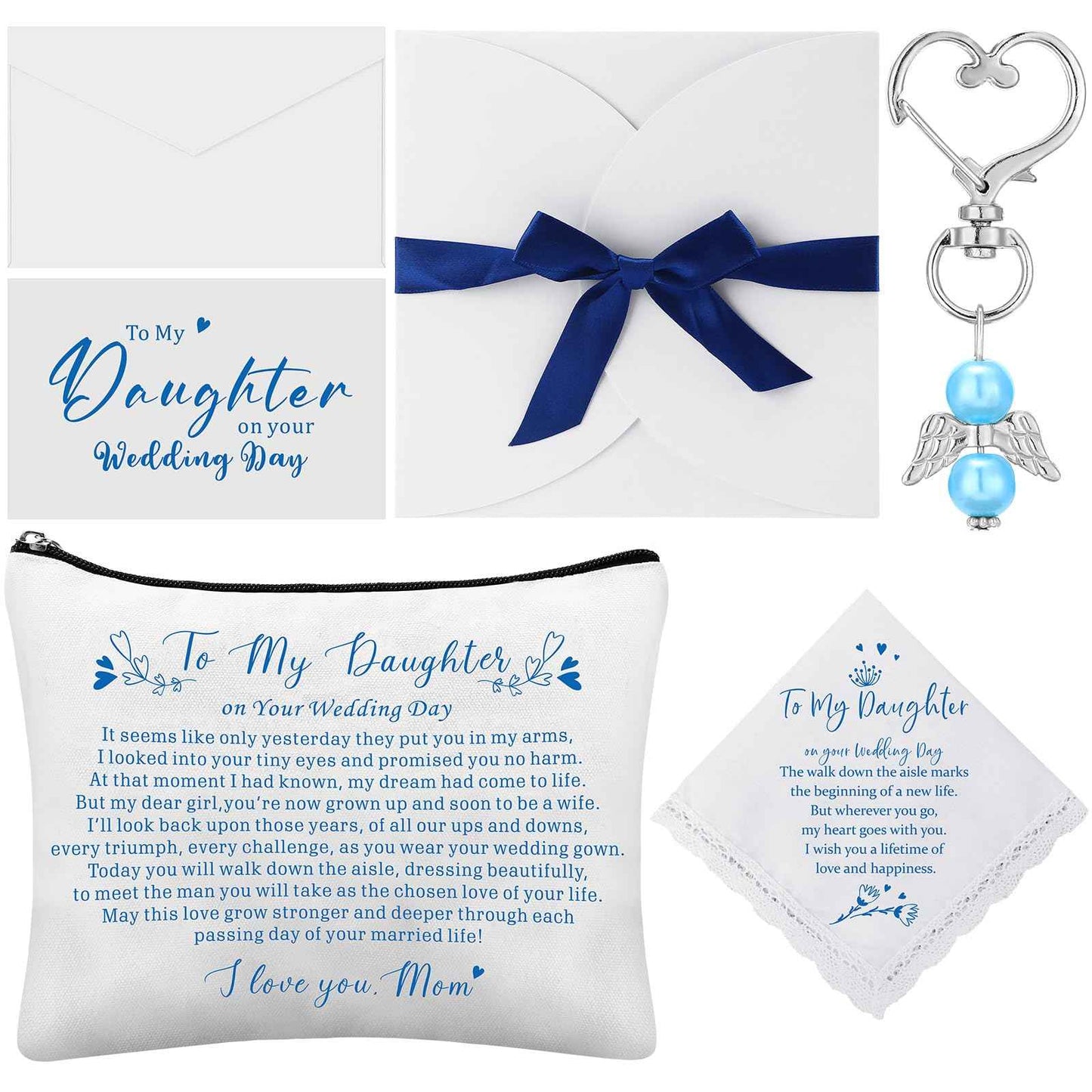 SilTriangle 6 Pcs Wedding Gift to Daughter from Mother Include Embroidered Handkerchief Bride Angel Charms Card Makeup Bag Petal Envelope Blank Envelope for Wedding Day Bridal Shower Keepsake