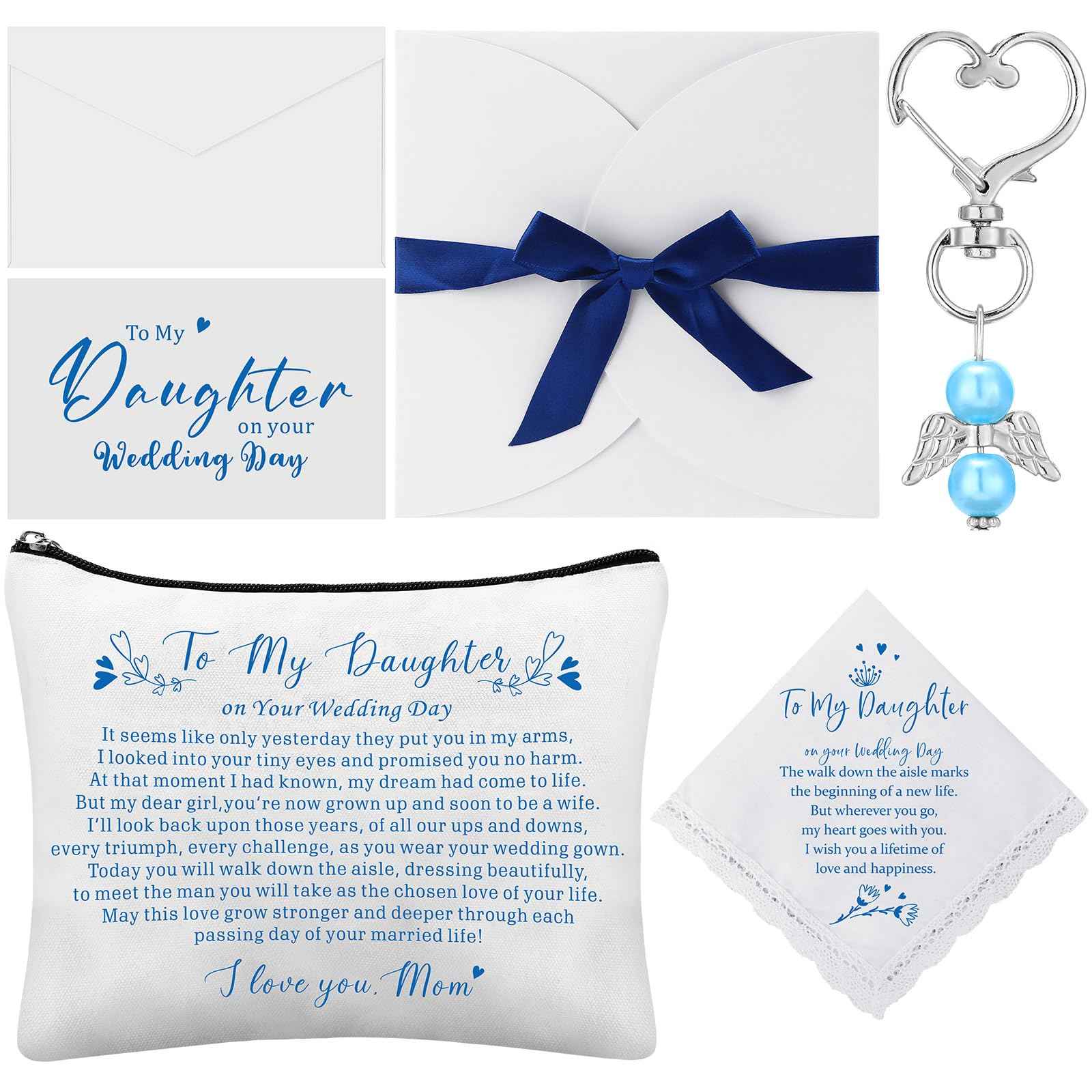 SilTriangle 6 Pcs Wedding Gift to Daughter from Mother Include Embroidered Handkerchief Bride Angel Charms Card Makeup Bag Petal Envelope Blank Envelope for Wedding Day Bridal Shower Keepsake