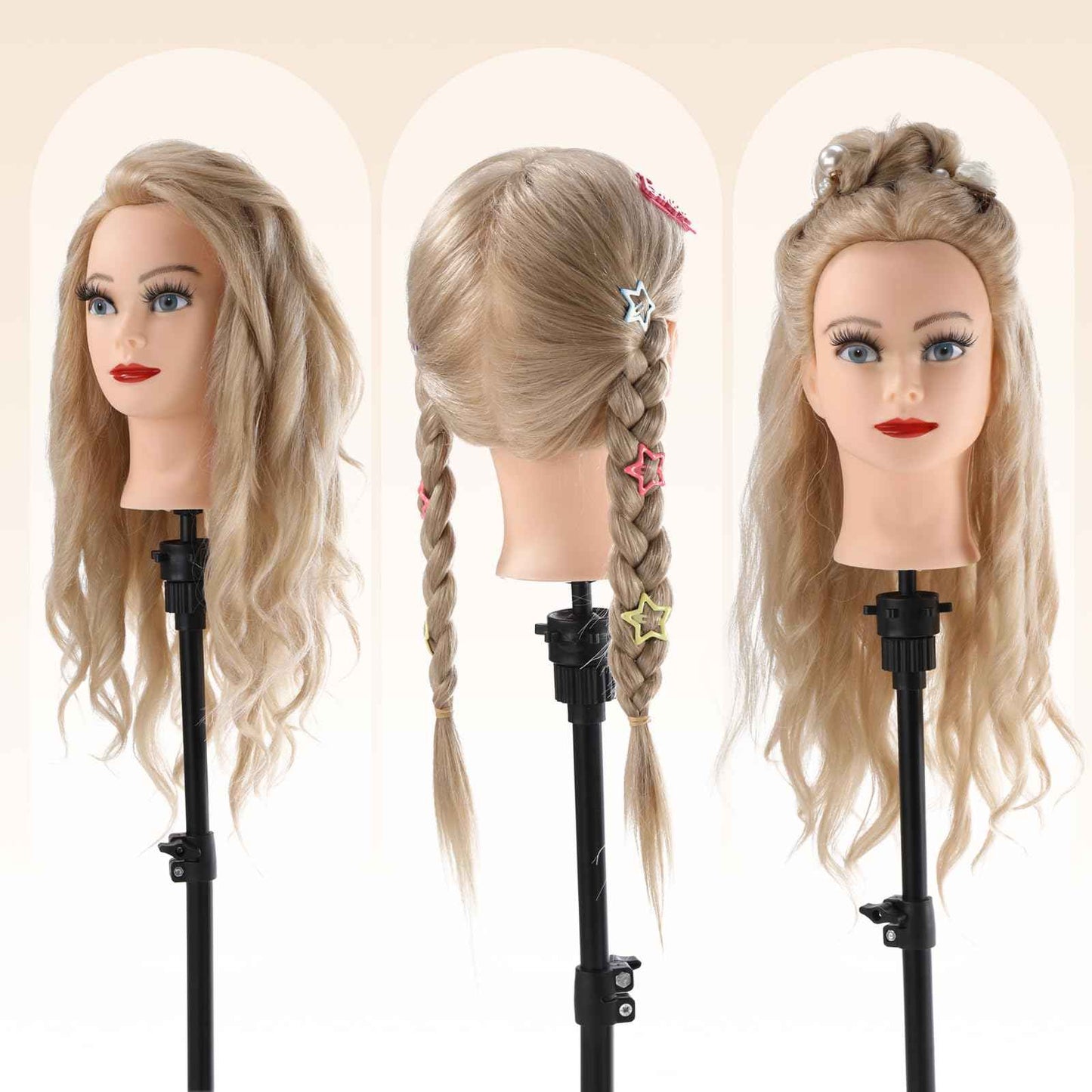 Mannequin Head Human Hair, 24”Mannequin Head with 70% Real Hair Mannequin Cosmetology Manikin Practice Doll Head for hair styling Braiding Hairdressing Head with Table Clamp + DIY Hair Styling Set