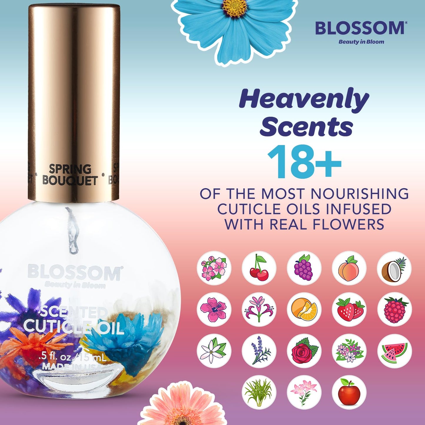 Blossom Hydrating, Moisturizing, Strengthening, Scented Cuticle Oil, Infused with Real Flowers, Made in USA, 0.5 fl. oz, Spring Bouquet