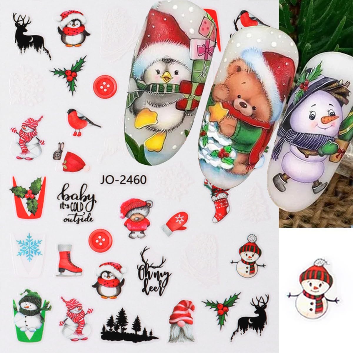 8 Sheets Christmas Nail Art Stickers 3D Self-Adhesive Cute Holiday Nail Stickers Snowmen Santa Claus Elk Designs Sticker Acrylic Nail Supplies Winter Nail Decals for Women Girls Manicure Decoration