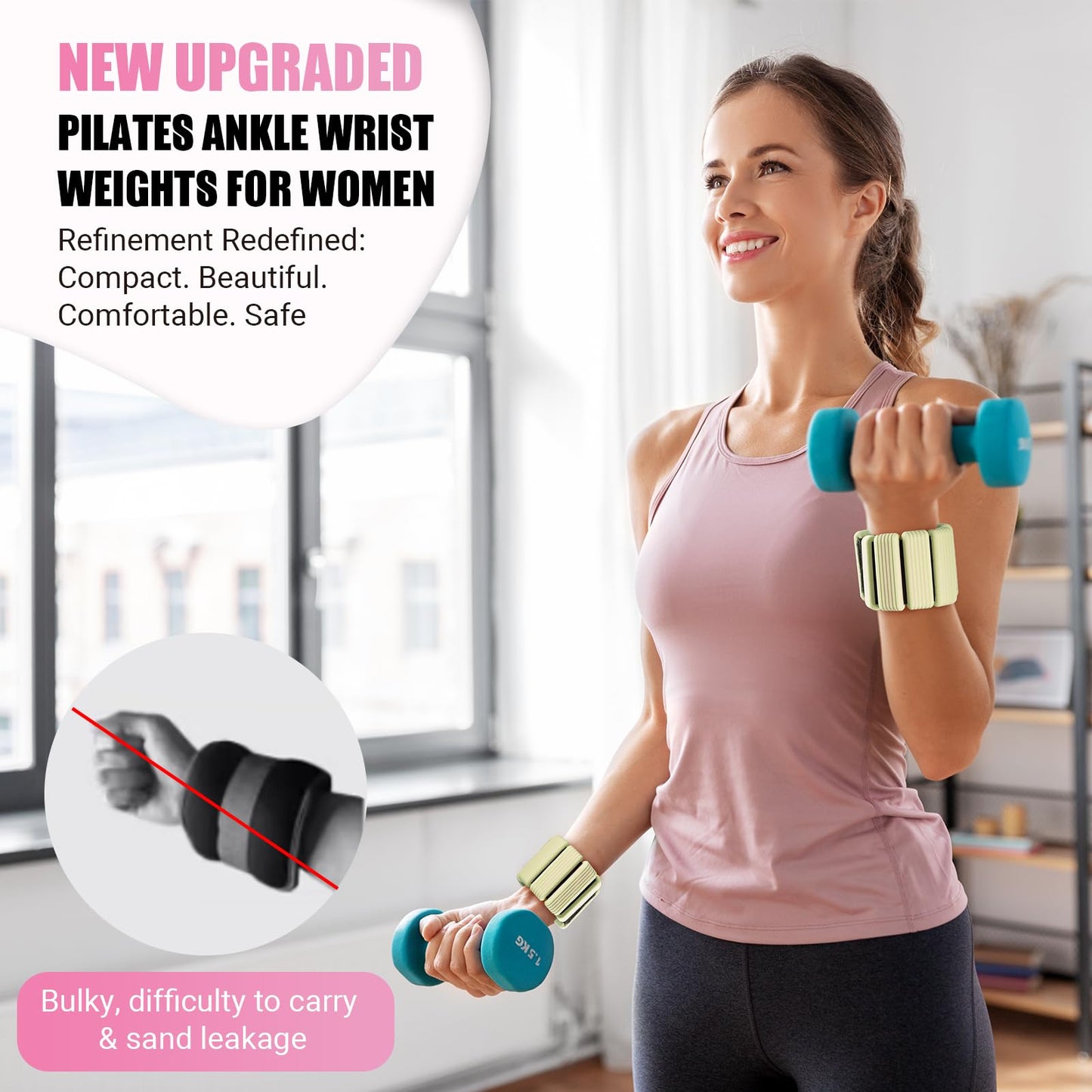 Pilates Wrist Ankle Weights for Women, Wearable Strong Arm & Leg Weights Set of 2(1Lbs Each), Adjustable Ankle Weights for Walking, Yoga, Dance, Barre, Gym