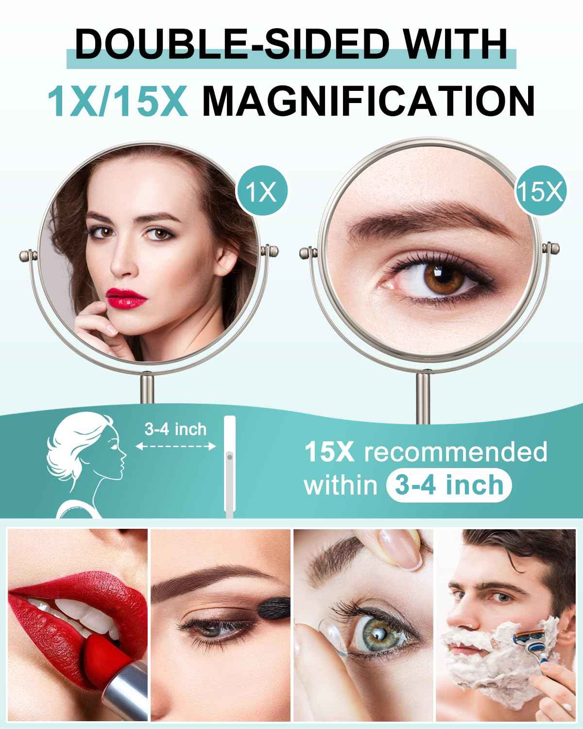 ALHAKIN 1X/15X Magnifying Makeup Mirror, Double Sided Mirror with Stand, Tabletop Desk Mirror 360°Rotation for Bathroom, Nickel