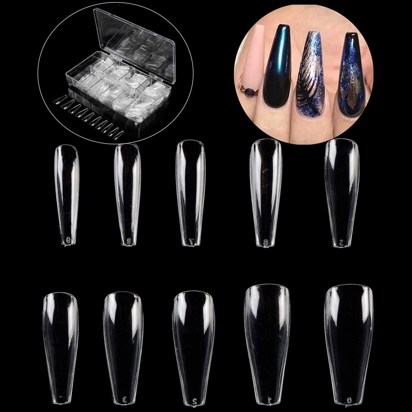 MPNETDEAL 500Pcs Coffin Nails Long Ballerina False Nail Tips Full Cover Fake Artificial Acrylic Nails Extension Tips 10 Size with a case for Nail Salon or Home Use DIY Nail Art (Clear)