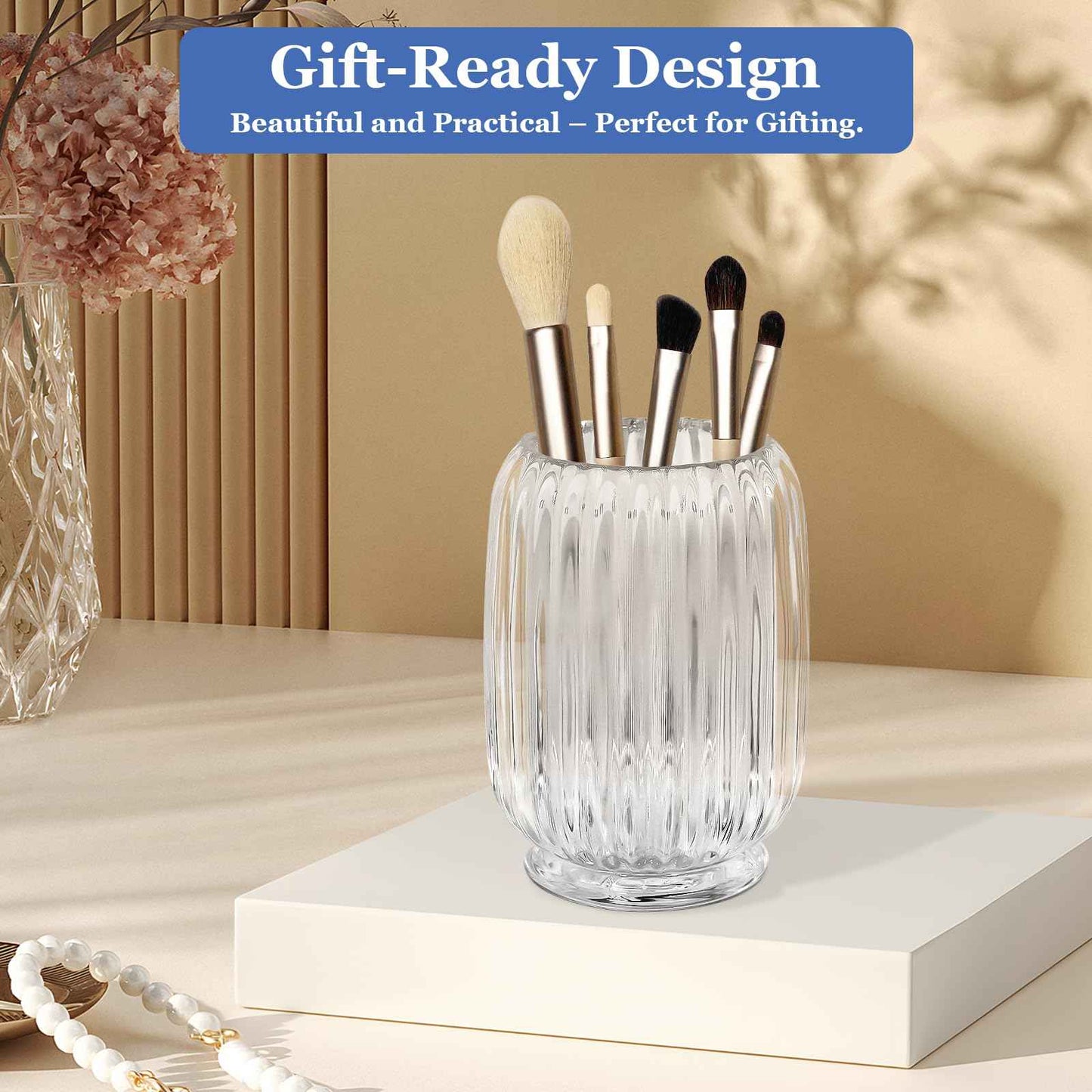 Makeup Brush Holder, Thick Glass Makeup Brush Organizer Cup, 4.8" Tall for Vanity Hair Brush Holder Brushes Storage, Makeup Brush Holder Organizer organizador de brochas de maquillaje Crystal Clear