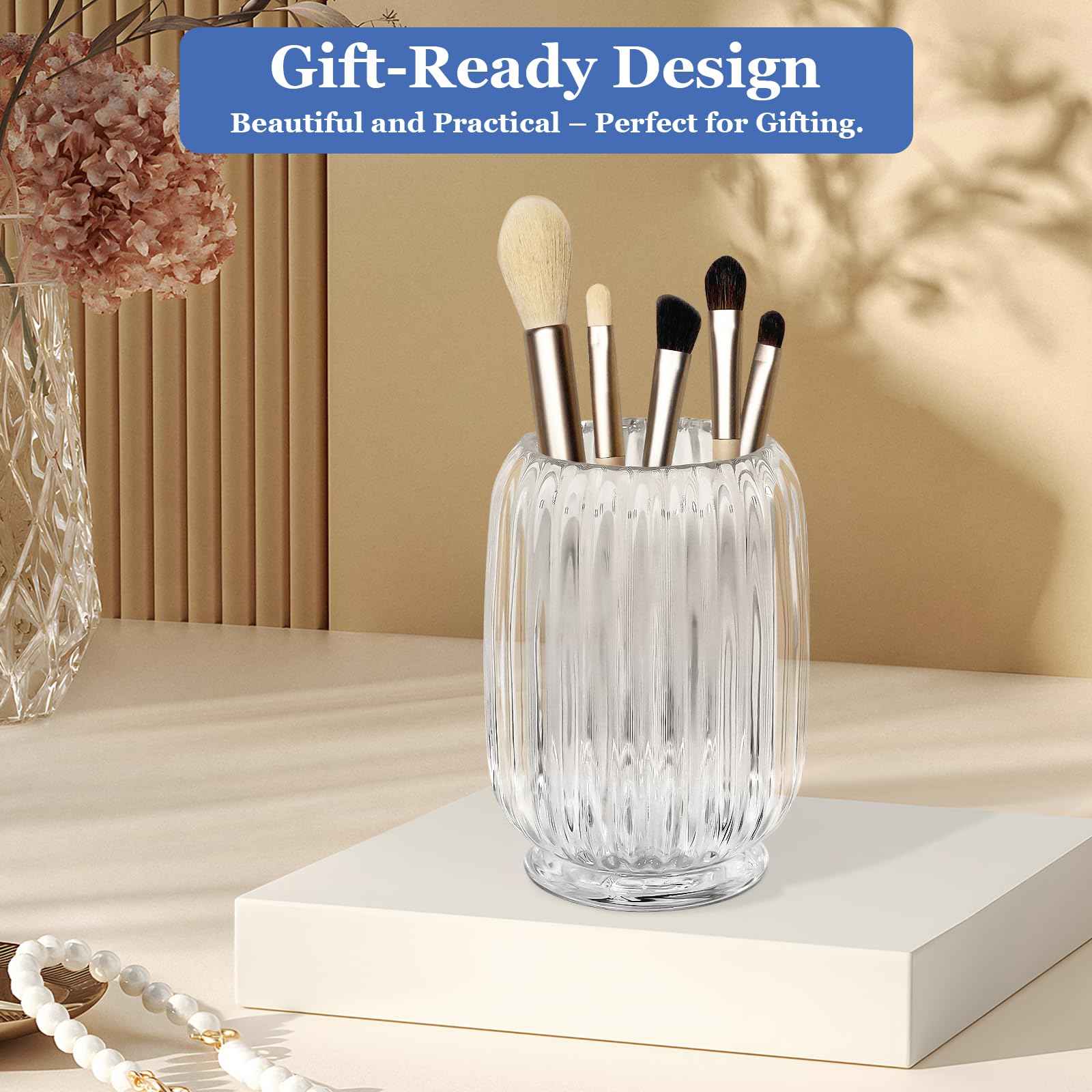 Makeup Brush Holder, Thick Glass Makeup Brush Organizer Cup, 4.8" Tall for Vanity Hair Brush Holder Brushes Storage, Makeup Brush Holder Organizer organizador de brochas de maquillaje Crystal Clear