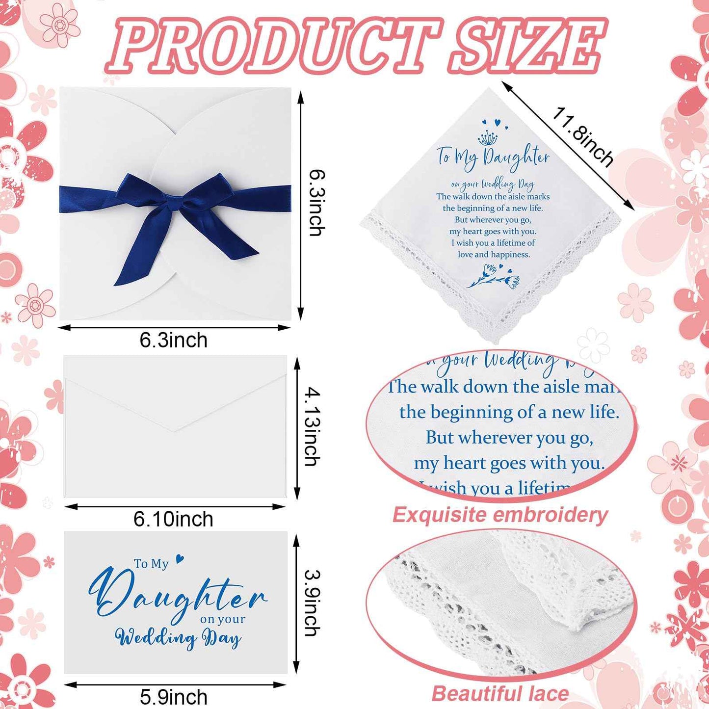 SilTriangle 6 Pcs Wedding Gift to Daughter from Mother Include Embroidered Handkerchief Bride Angel Charms Card Makeup Bag Petal Envelope Blank Envelope for Wedding Day Bridal Shower Keepsake
