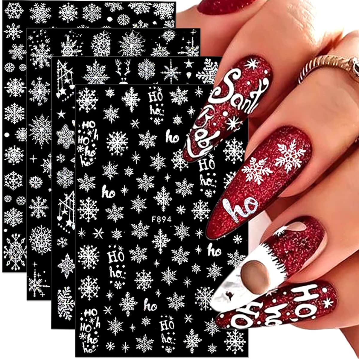 8 Sheets 3D Snowflake Nail Art Stickers Winter Nail Decals Self-Adhesive Glitter Designs Nail Charms Christmas Nail Stickers Winter Holiday Nail Decoration for Women Girls DIY Xmas Nail Art Supplies