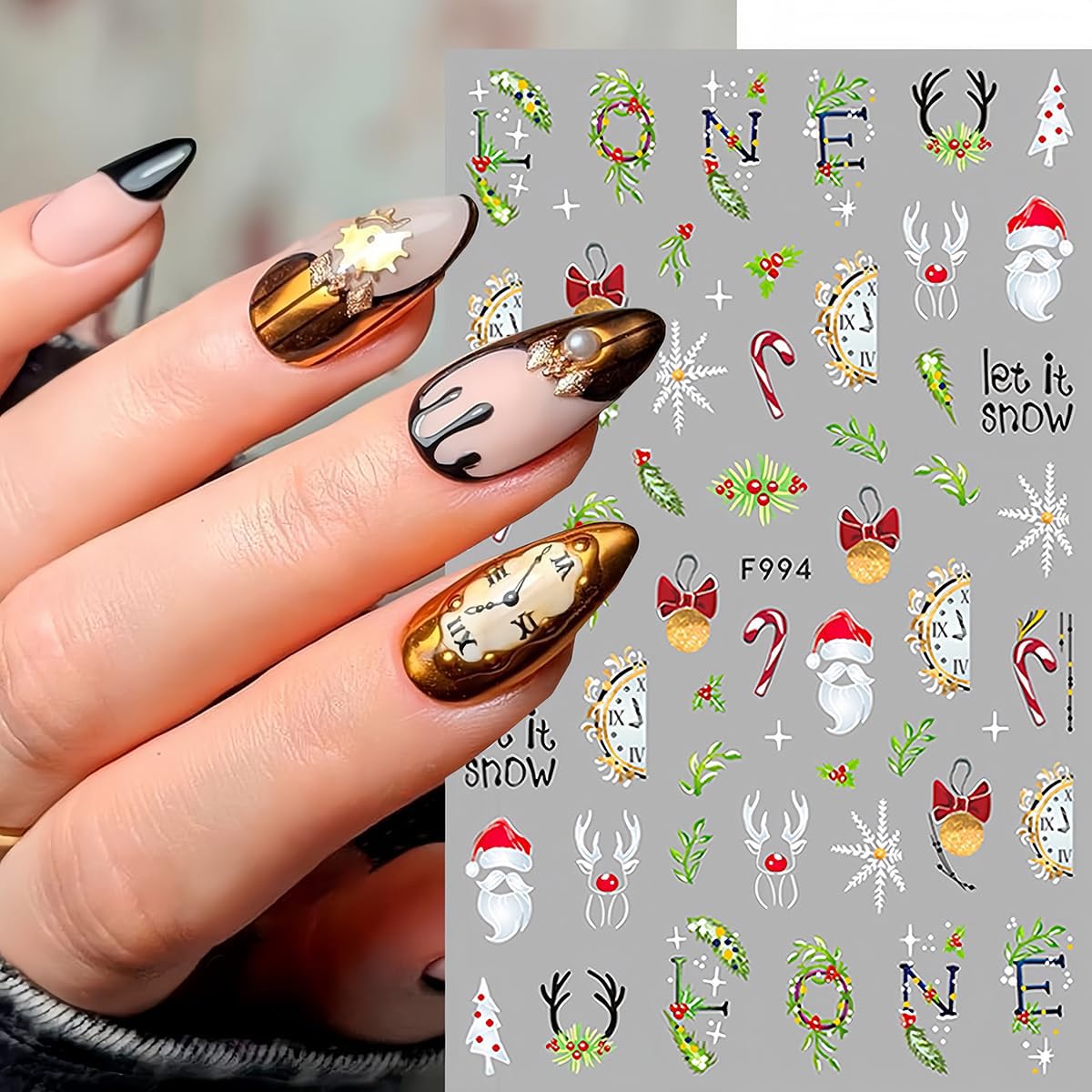 10 Sheets Christmas Nail Art Stickers Decals 3D Santa Claus Elk Nail Stickers Cute Cartoon Designs Stickers Winter Holiday Nail Decals for Women Girls Acrylic Nail Supplies Xmas Manicure Decoration