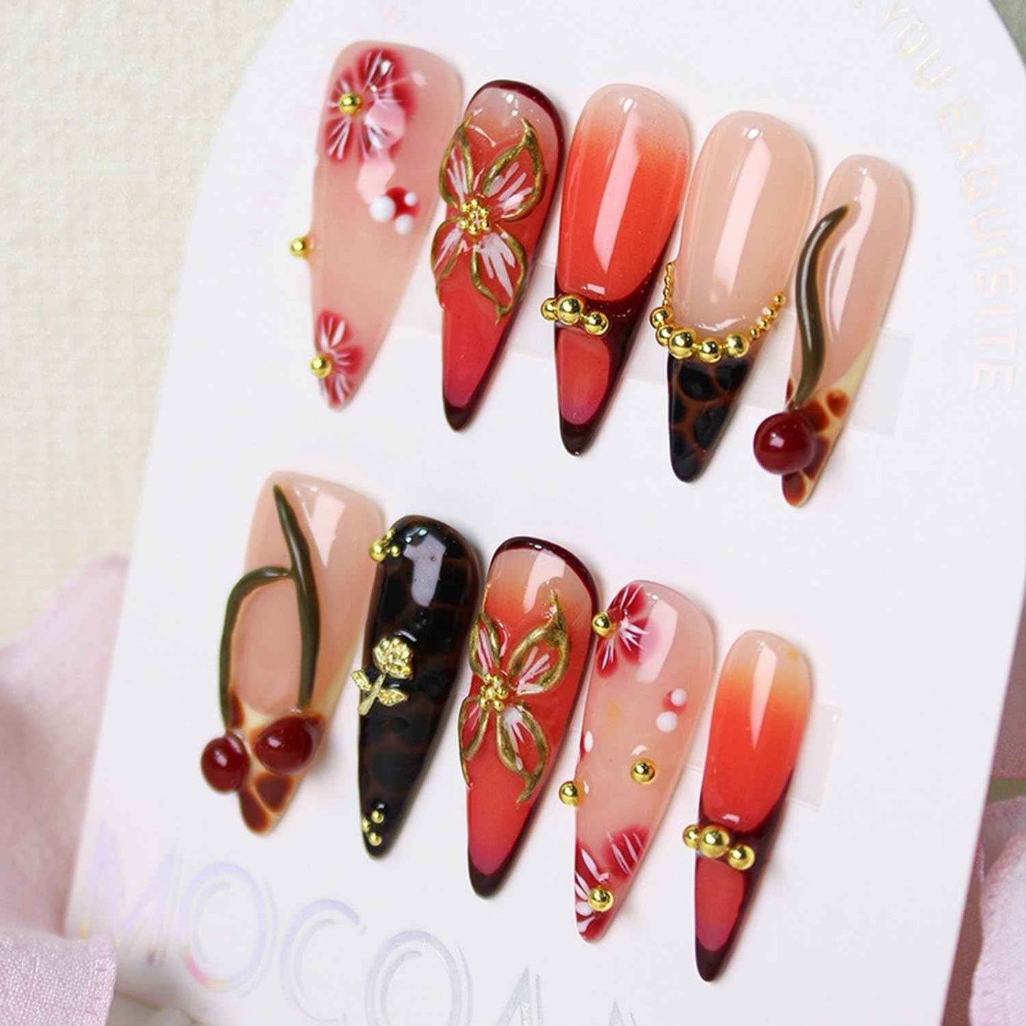 Handmade Press on Nails Medium Almond Fake Nail Unique 3D Floral & Cherry Designs Gold Rose Red Gradient Reusable Flower Stick on Nail Thicked French Tip Acrylic False Nails for Women (M)