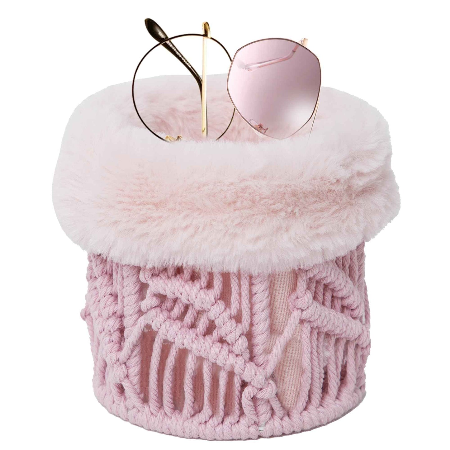 QIANWEIWOVEN Handmade Cotton rope makeup bucket organizer with removable plush lining,Cosmetic organizer (Pink)