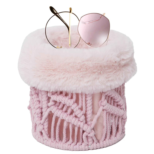 QIANWEIWOVEN Handmade Cotton rope makeup bucket organizer with removable plush lining,Cosmetic organizer (Pink)