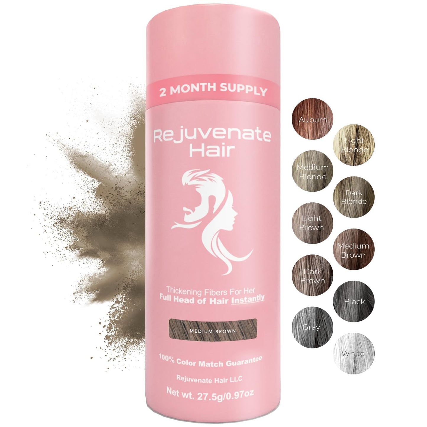 REJUVENATE Hair Fibers for Thinning Hair (Medium Brown), Undetectable Hair Powder for Women & 100% Natural Hair Building Fibers - Conceals Hair Loss - Bald Spot Cover Up Hair Powder, 2 Month Supply