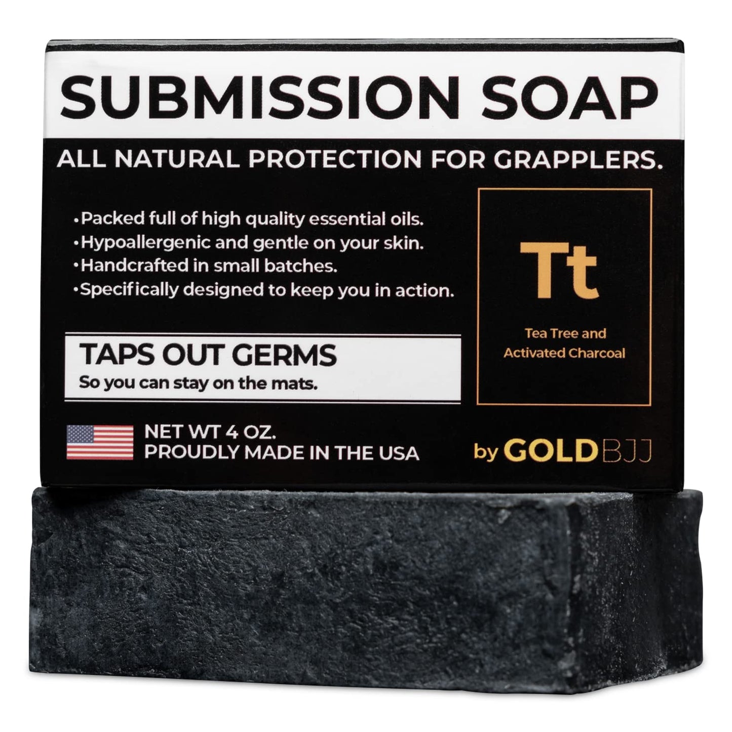 Premium Tea Tree Oil Soap - USA Made Bar Soap for BJJ, Jiu Jitsu, Wrestling, and Grappling (Single 4 Ounce Soap Bar, Activated Charcoal)