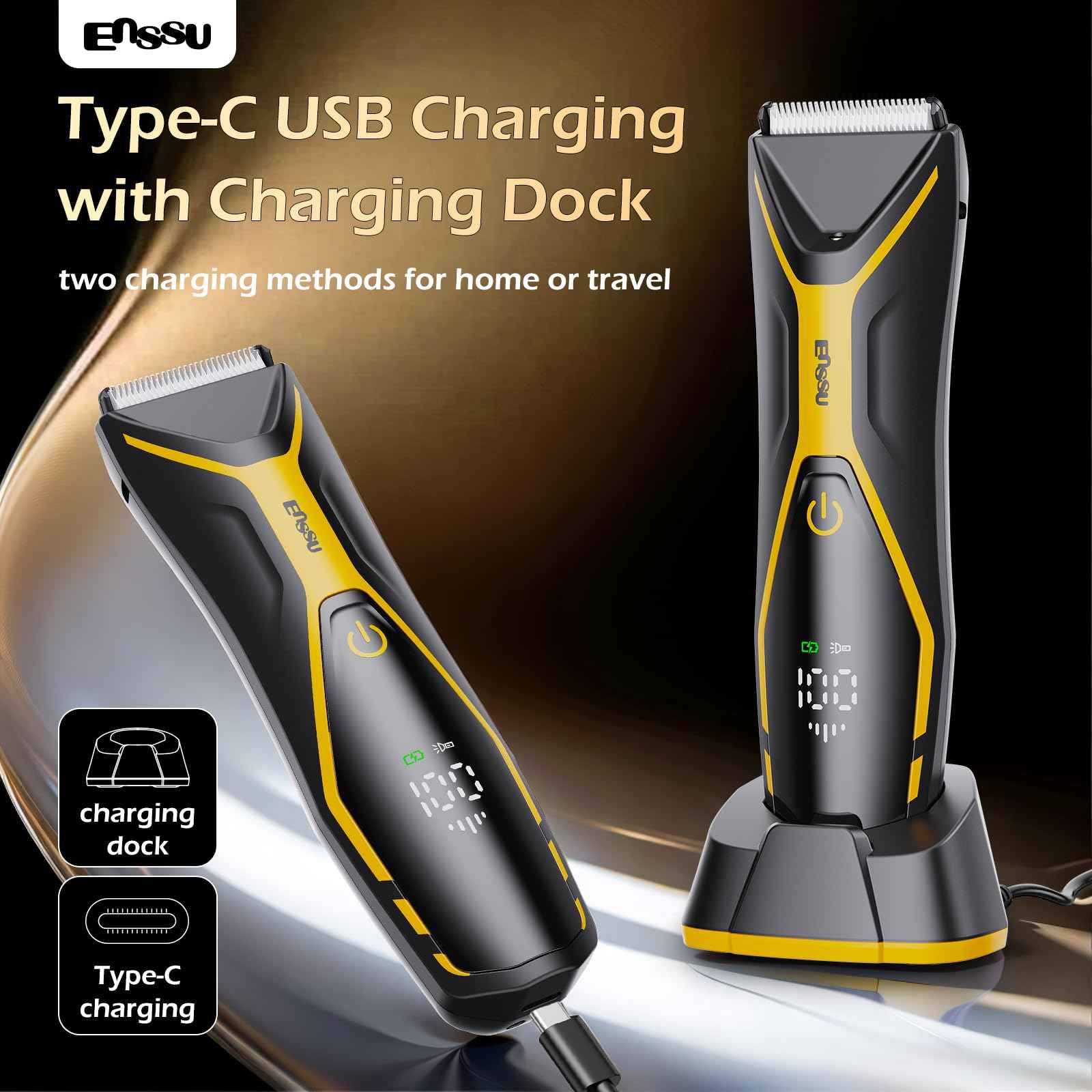 ENSSU Body Hair Trimmer for Men Manscape Trimmer for Men, Electric Ball Shavers with Ceramic Blades & BLADELOCK™, Pubic Hair Groomer IPX7 Waterproof Wet or Dry Use for Groin/Legs/Chest