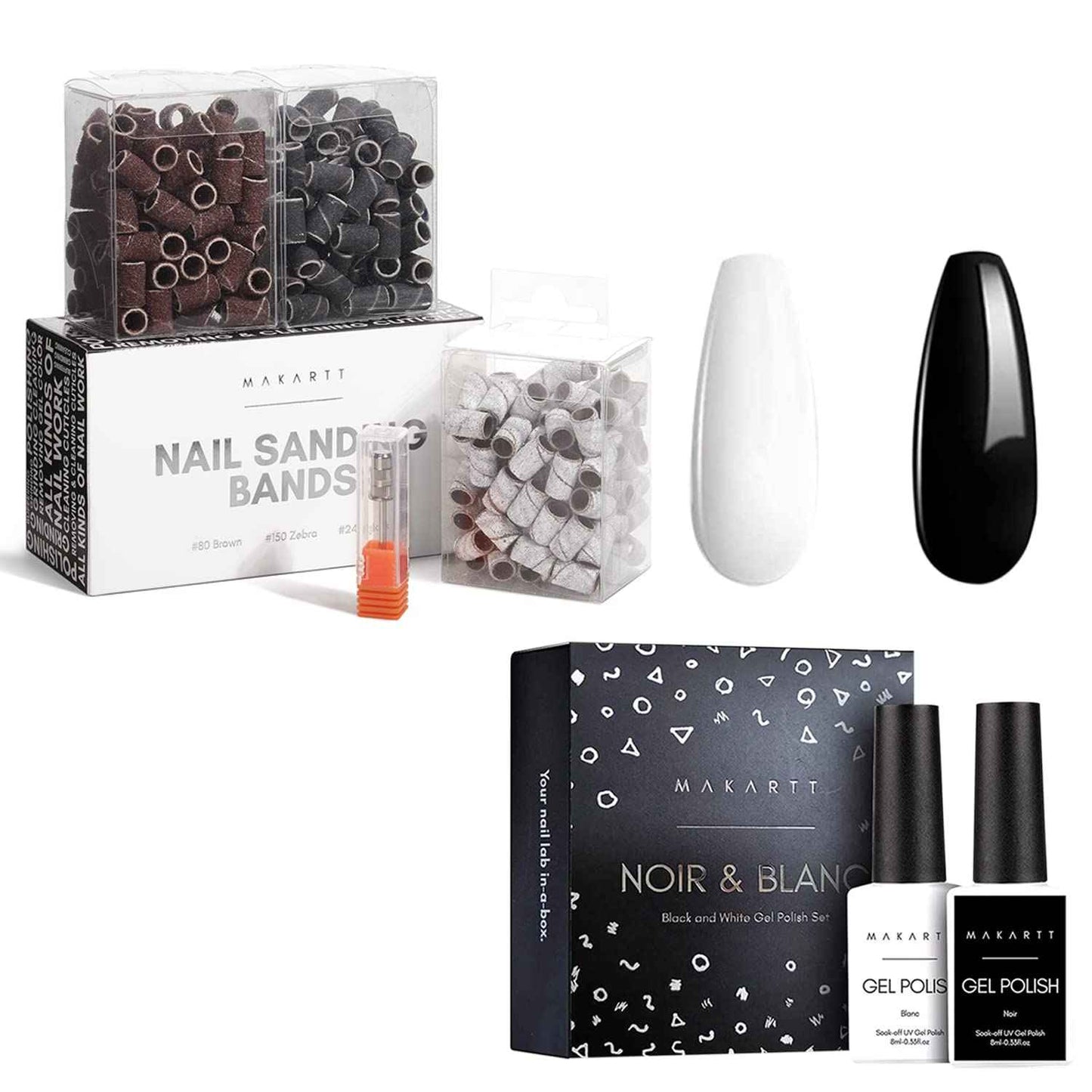 Makartt Gel Nail Polish Kit, Nail Drill Bits Sanding Bands for Nail Drill, Black White Nail Polish Gel Set Soak Off Nail Gel Polish LED Required #80#150#240 Grits 300Pcs Nail File Sanding Bands Zebra