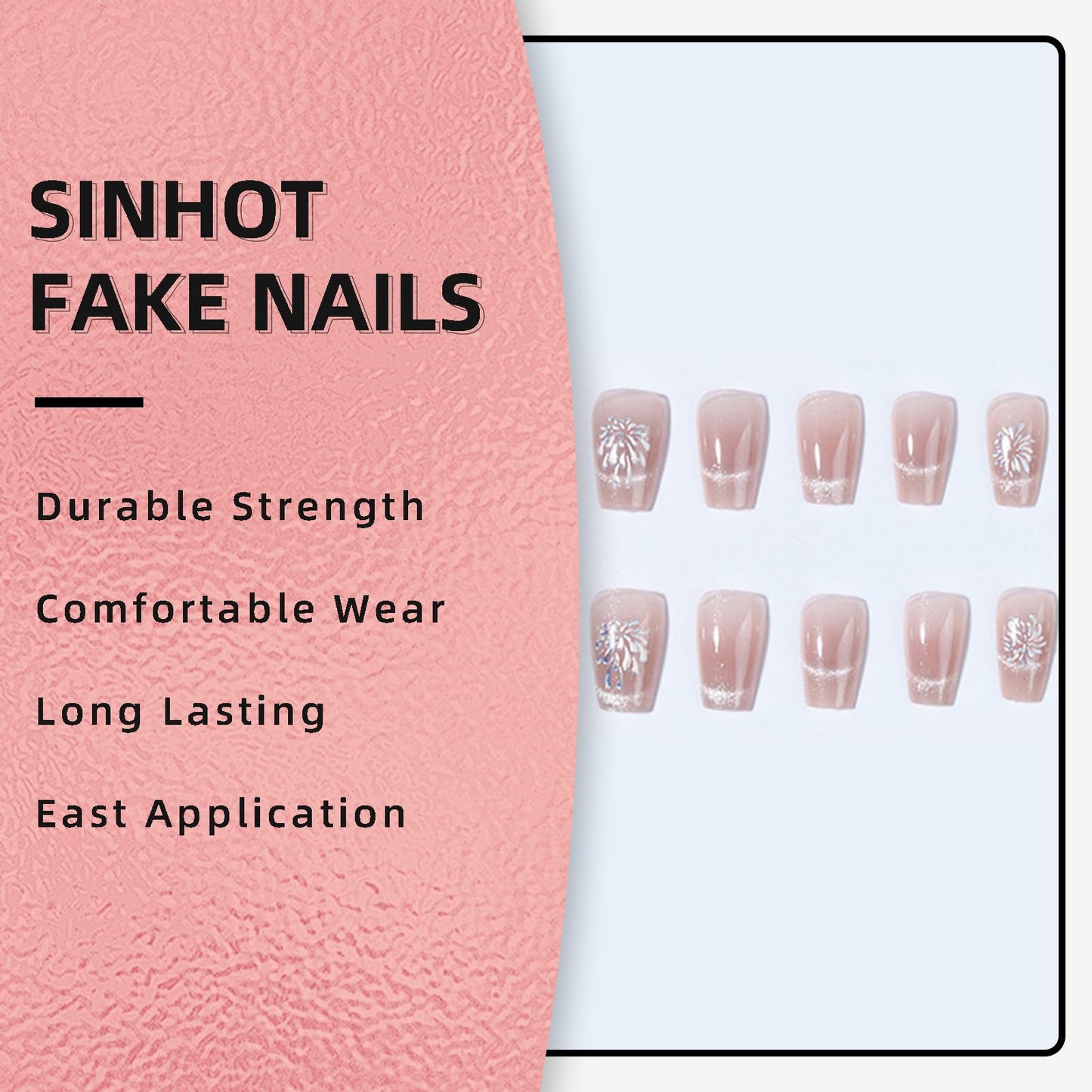 SINHOT Coffin Press on Nails Medium Ballerina Fake Nails Glossy Glue on Nails Pink Cat Eye Acrylic Nails Silver Glitter Arificial Nails Stick on False Nails with Fireworks Design 24 pcs