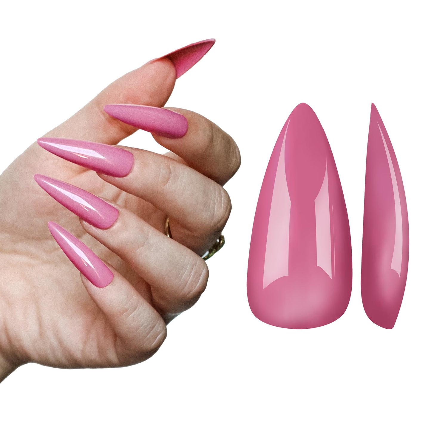 Allkem Press On Nails - Rose Pink Glossy Extra Long Sculpted Stiletto 2 Set Bundle | 10 sizes - 20 pcs False Nails Full Cover Nail Kit with Glue