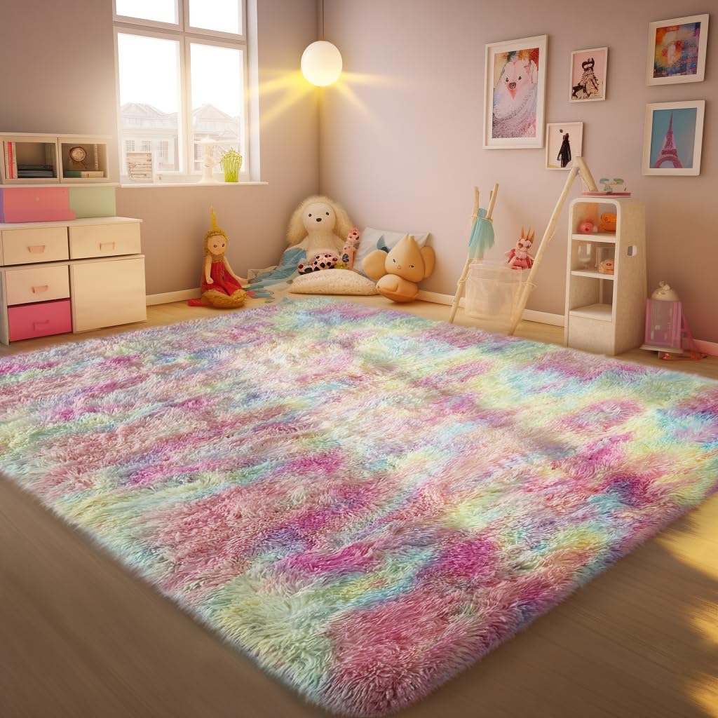 Ophanie Rainbow Colorful Area Rugs for Bedroom Girls, Unicorn 4x6 Carpet Fluffy Fuzzy Furry Shag, Plush Soft Cute Kids Baby Shaggy Bedside Floor Rug for Teen Dorm Home Decor Aesthetic, Nursery