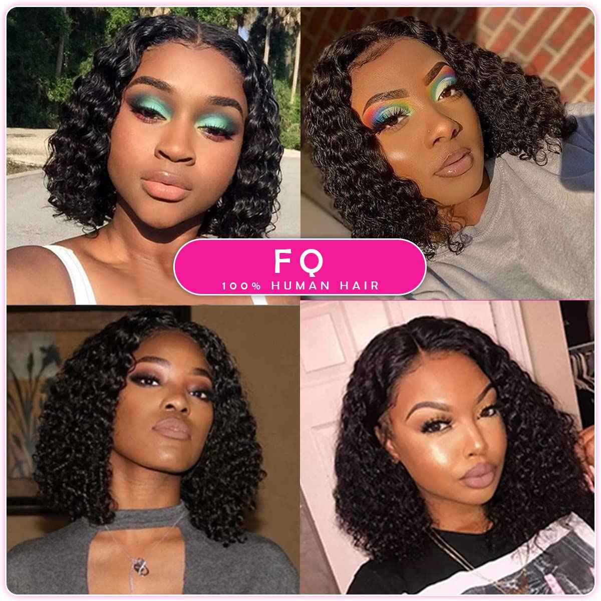 Deep Water Wave Bundles with Closure Brazilian Deep Short Bob Curly Human Hair 4 Bundles with 4x4x1 Middle Part Lace Closure Wet and Wavy 50g(10 10 10 10+10)