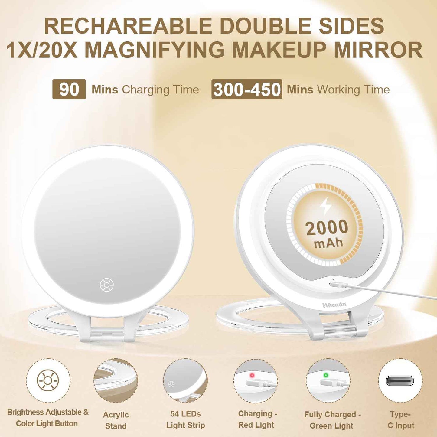 Mocado Travel Makeup Mirror with Light, 1X/20X Magnifying, Double Sided, 3 Color Light, Dimmable Touch, Rechargeable, Tabletop Standing, White