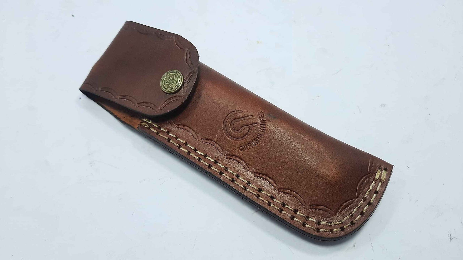 Qureshi Knifes Damascus Steel Straight Razor fixed Blade Color Wood, Buffalo Horn Handle with Leather Sheath Belt Loop. STR-24004