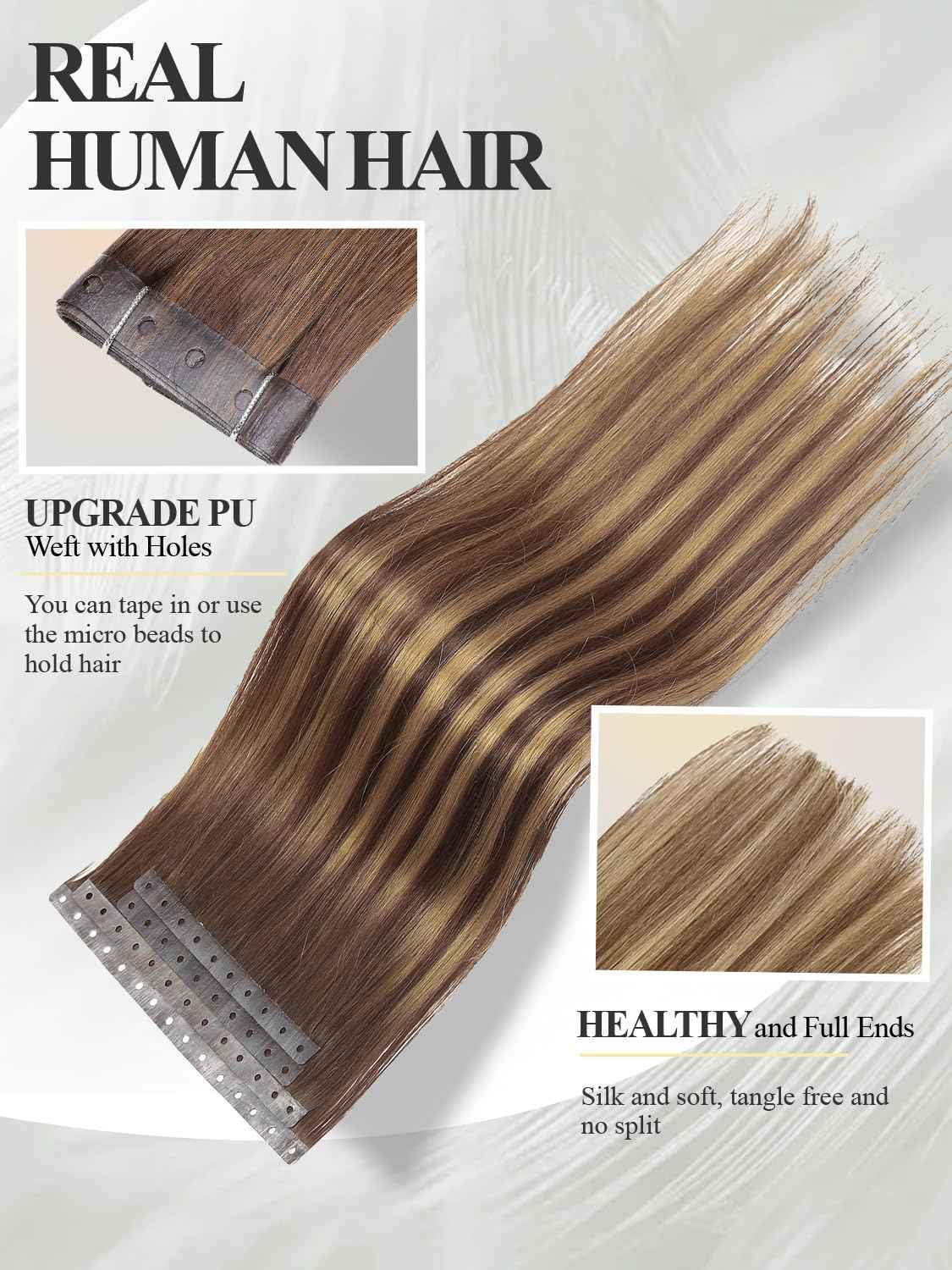 Invisible Weft Hair Extensions Human Hair Pu Skin Weft Micro Link Real Human Hair Seamless T4/27 Balayage Caramel Blonde Human Hair Extensions No Tape In Weft Hair Extensions (35g 4Pcs,16 Inch)