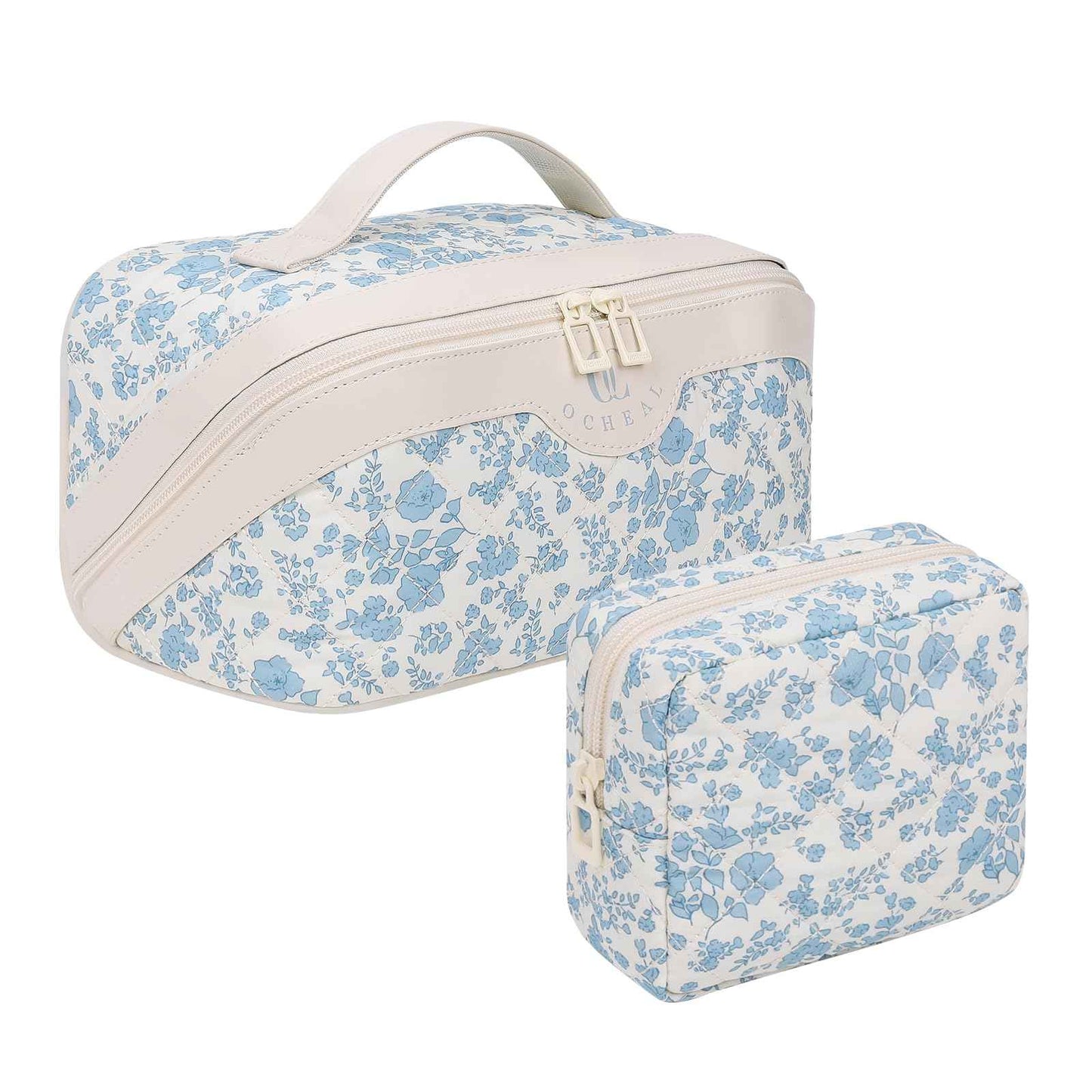 Travel Makeup Bag Organizer Cosmetic Bag, 2Pcs Floral Make up Bag Portable Pouch Open Flat Pouch Clear Divider and Handle