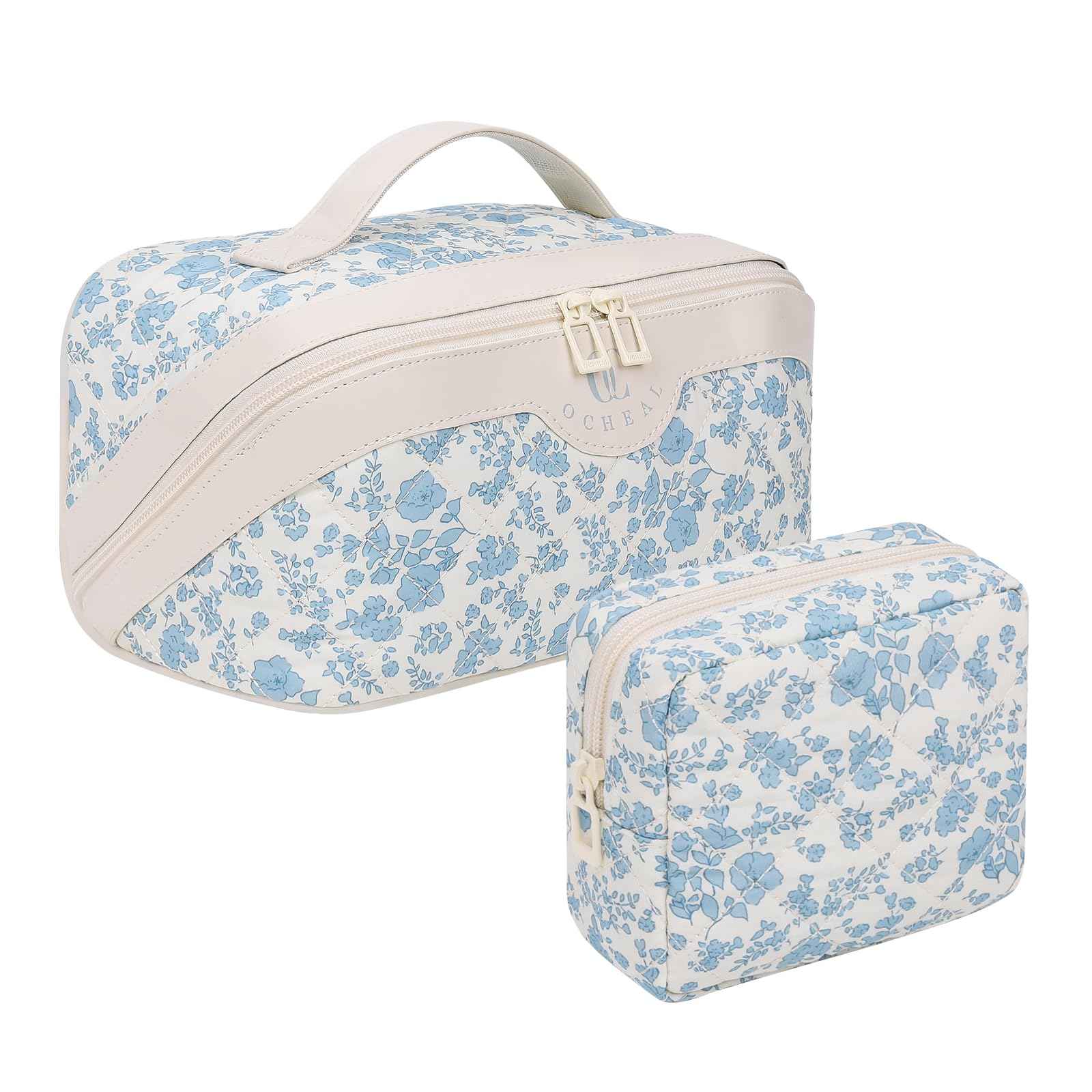 Travel Makeup Bag Organizer Cosmetic Bag, 2Pcs Floral Make up Bag Portable Pouch Open Flat Pouch Clear Divider and Handle