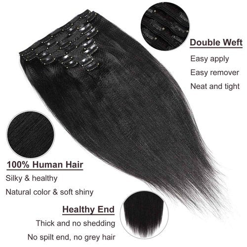 AIKAUR Yaki Straight Real Remy Human Hair Clip ins Black Hair Extensions 20 inch Double Weft for African American Black Women,YK 8pcs/set 120g/set