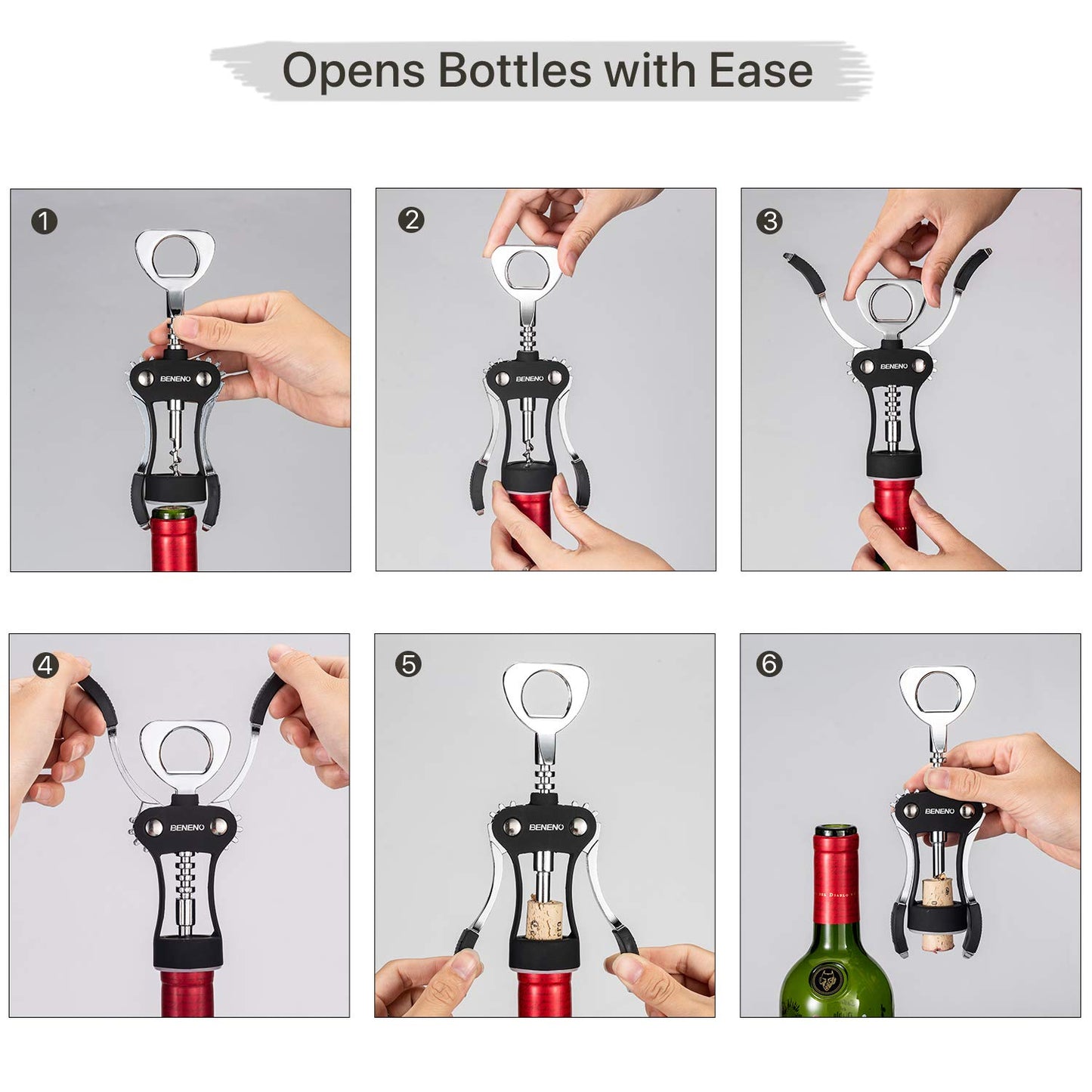 Wine Opener, Zinc Alloy Premium Wing Corkscrew Wine Bottle Opener with Multifunctional Bottles Opener, Sharp Corkscrew with Ergonomic Non-slip Wing Handle, Upgrade Black