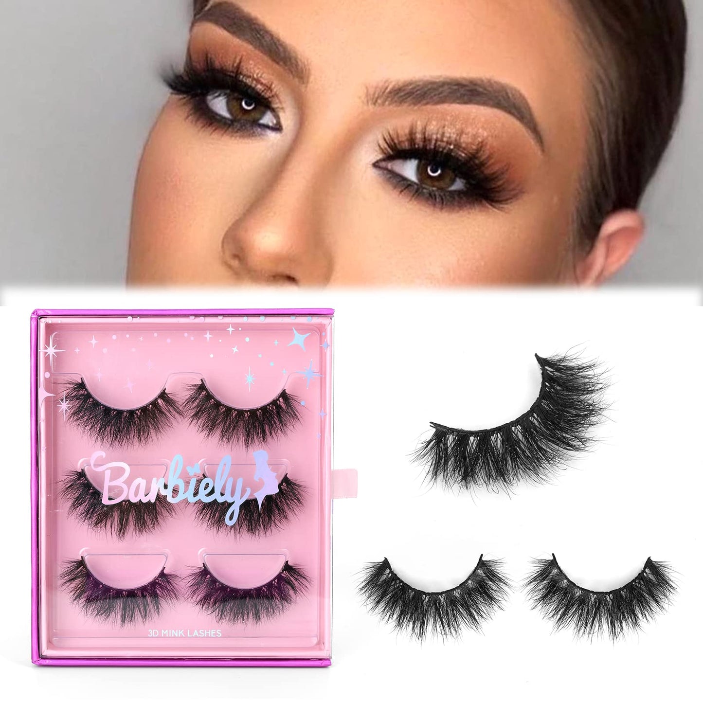 Barbiely 18MM Mink Eyelashes, 3 Pairs Cat Eyes Lashes, 3D Lashes Mink,Siberian Mink Fur False Eyelashes, Dramatic Round Look, 100% Handmade & Cruelty-Free Fluffy Volume Wispy Lashes(DREAM)