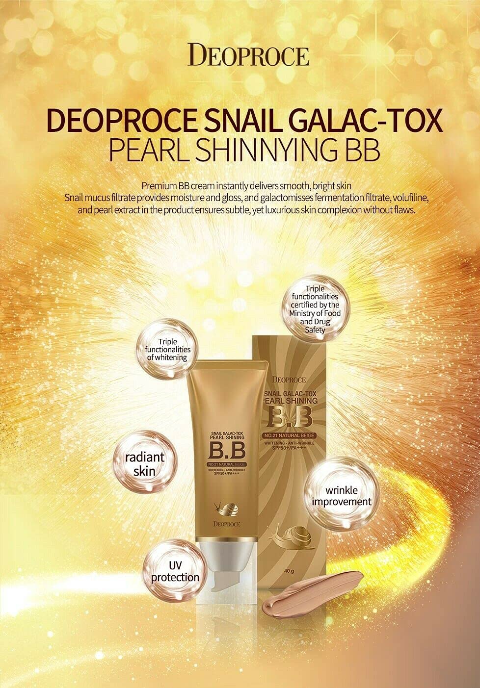 Deoproce Pearl Shining BB Cream Snail Galac SPF50+/PA+++ Face Moisturizer Skin Tone Correction Blemish Covering UVA/UVB Block reduction Korean Makeup Anti Wrinkle (#21 Natural Beige)