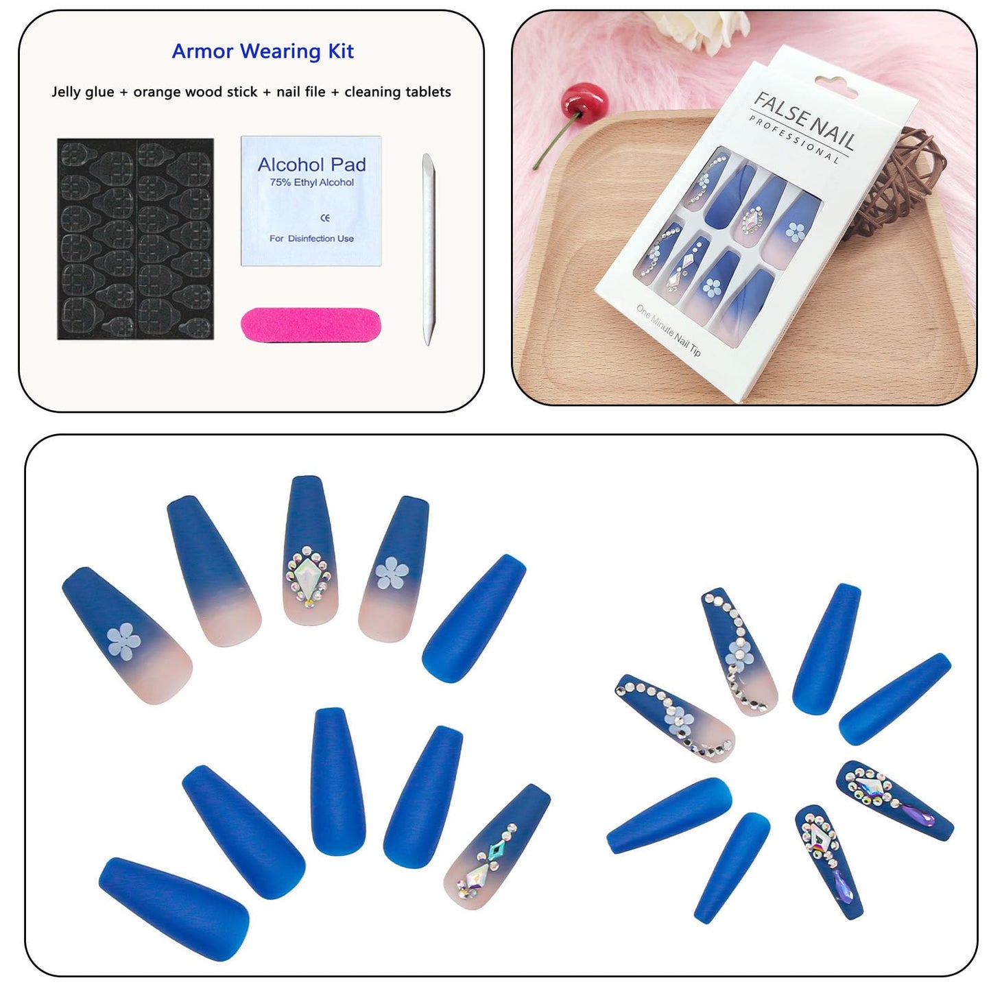 Long Press on Nails Coffin Navy Blue Gradient Acrylic Nails Press ons with Flower Rhinestones Design Artificial Nails Full Cover False Nails with Glue for Women and Girls 24Pcs