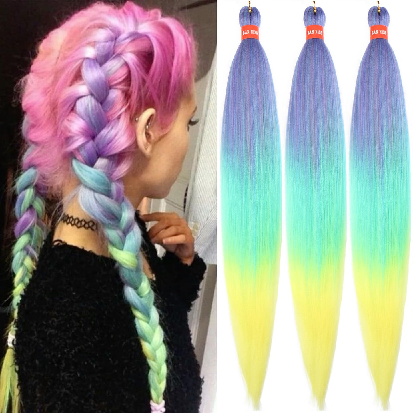 Rainbow-Color Ombre Purple Sky Blue Yellow Pre Stretched Braiding Hair 30 Inch Festival Yaki Texture Braid Hair Extensions 3 Packs Braiding Hair Pre Stretched