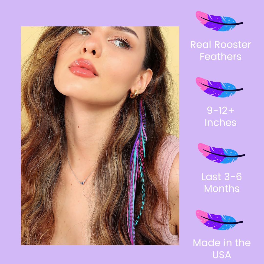 Hair Feathers Kit- Includes Feather Hair Extensions, in Long Pink, Purple, Blue Colors, Microlink Beads, Loop Tool and Pliers