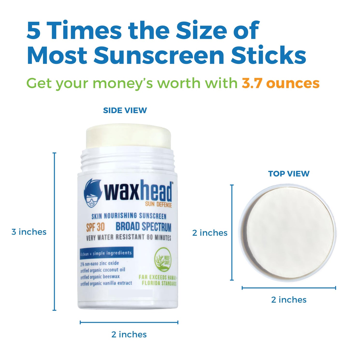 Waxhead Kids Sunscreen Stick Face, Zinc Oxide Sunscreen Stick, Coral Reef Safe Waterproof Sunblock, SPF 30 Baby-Safe, Surf, Mineral, Tattoo, Solid, Pure Non-nano Zinc Sun Screen Sticks (White, 3.7oz)