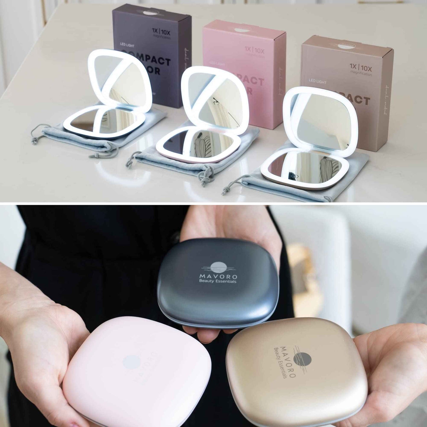 Mavoro LED Lighted Travel Makeup Mirror, Rechargeable, 1x/10x Magnification (Champagne Gold)