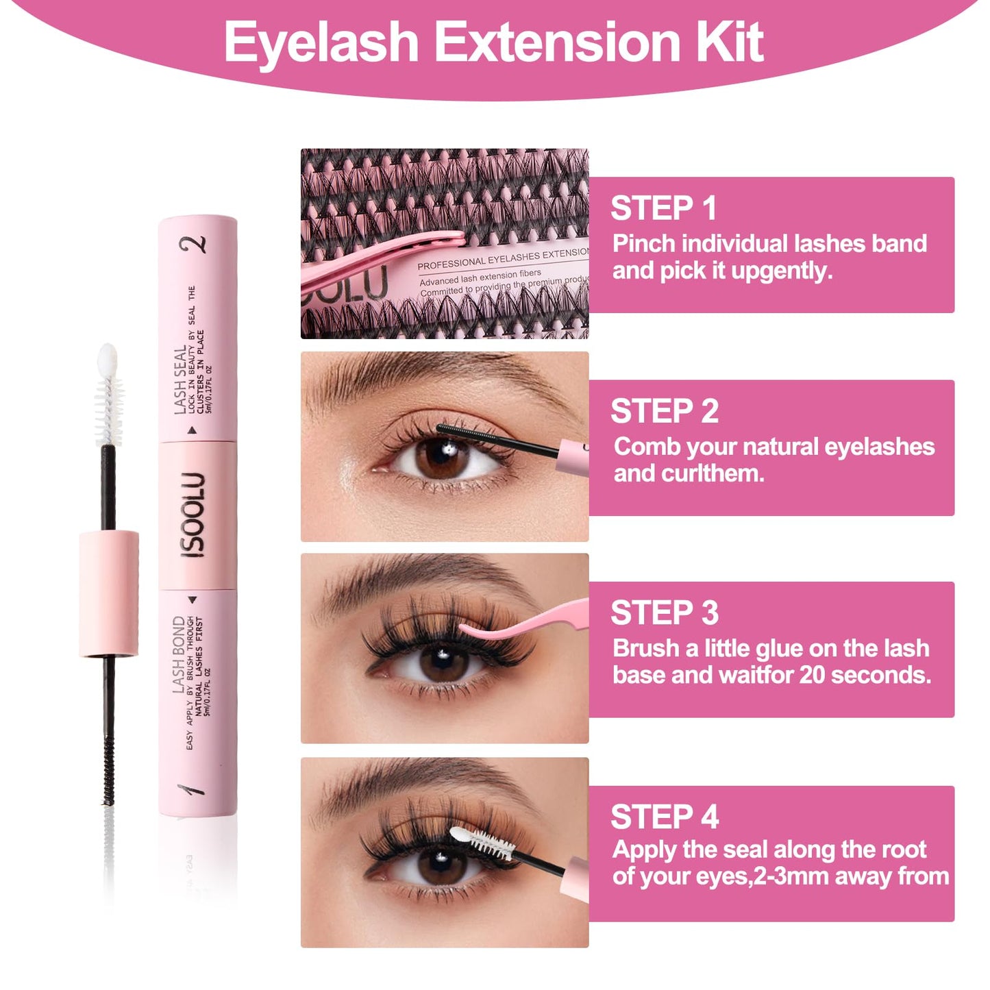 ISOOLU Lash Clusters Kit 480pcs DIY Lash Extension Kit Individual Eyelash Extension Kit,30D+40D 9-16mm with Cluster Lashes ，2pcs Bond and Seal，Lash Tweezers，Eyelash Brush.