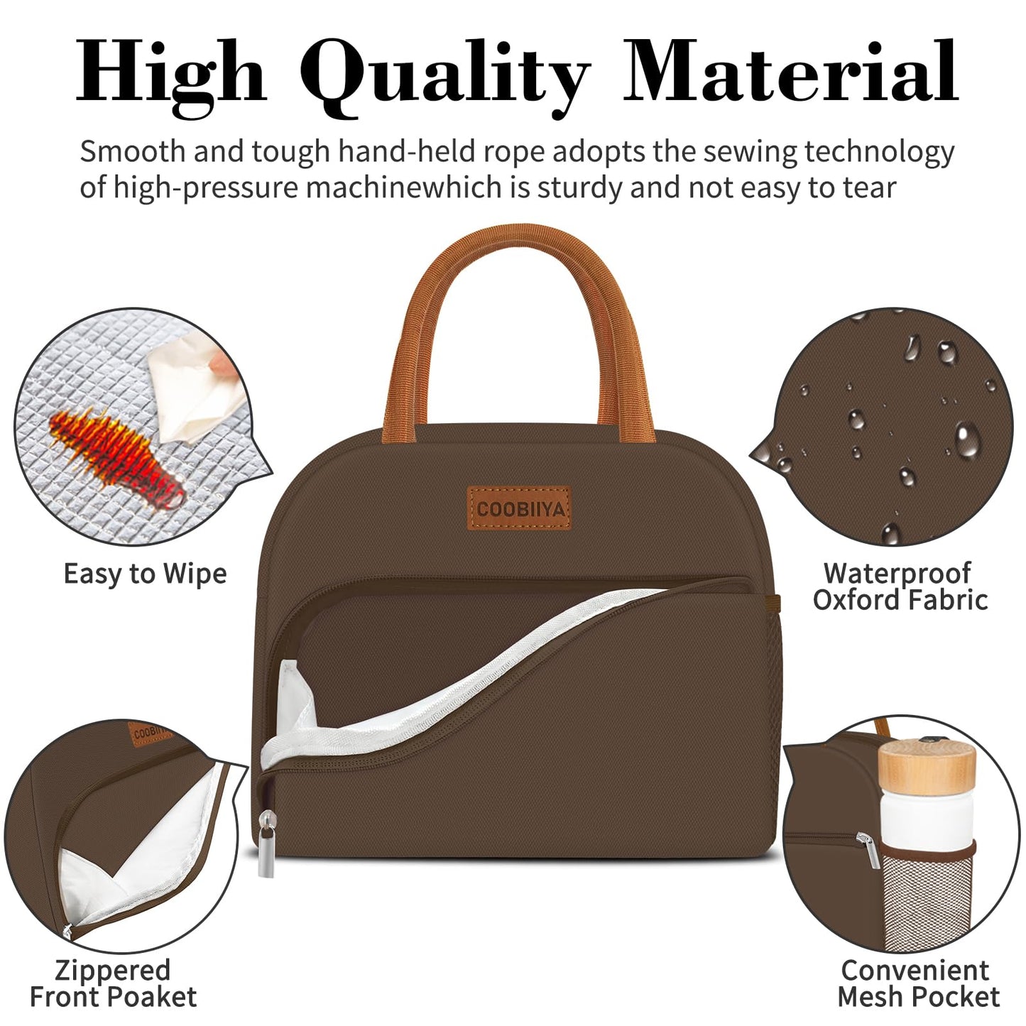 Coobiiya Lunch Bag Women, Lunch Box Lunch Bag for Women Adult Men, Small Leakproof Cute Lunch Tote Large Capacity Reusable Insulated Cooler Lunch Container for Work/Office/Picnic/Travel-Brown